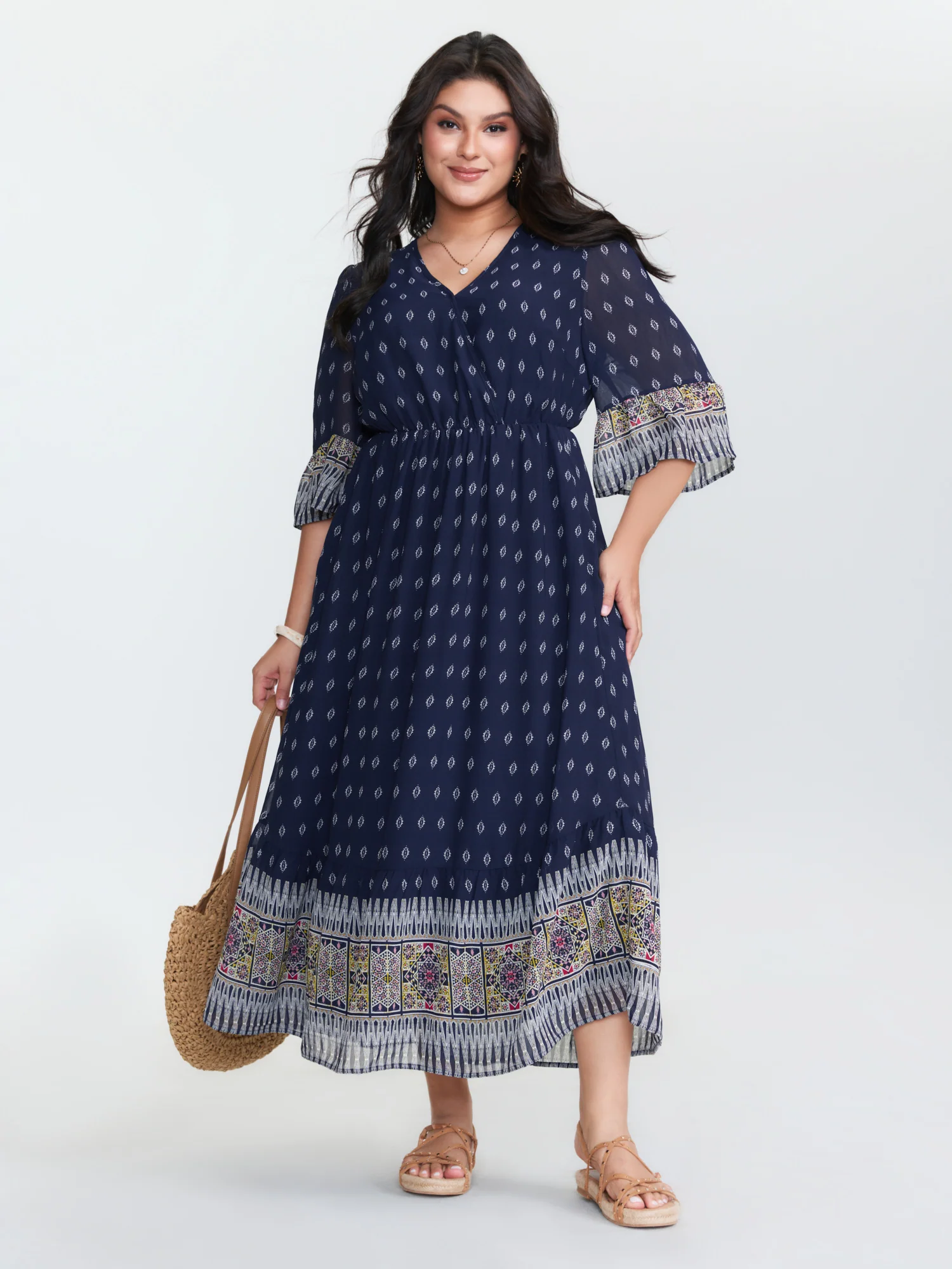 Boho Geometric Print Wrap Maxi Dress