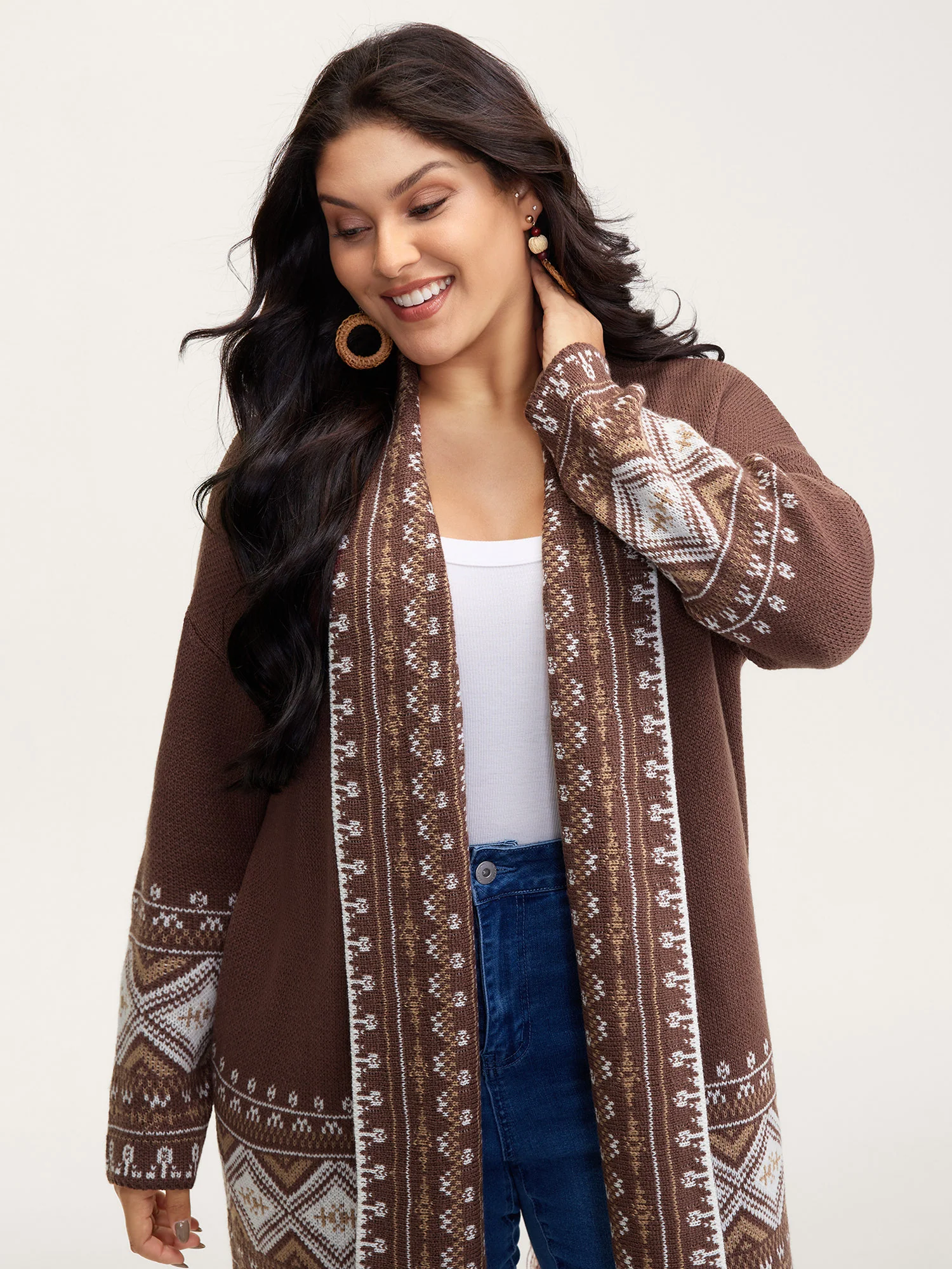 Boho Jacquard Folded Collar Tassels Cardigan - Image 2