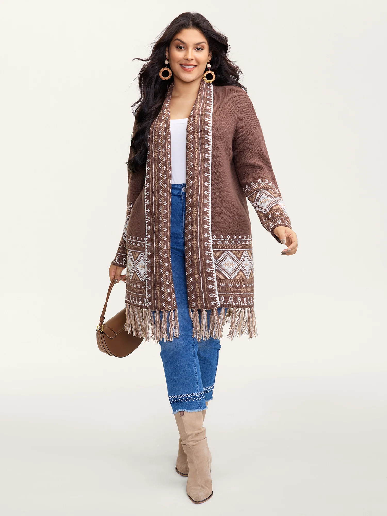Boho Jacquard Folded Collar Tassels Cardigan - Image 3