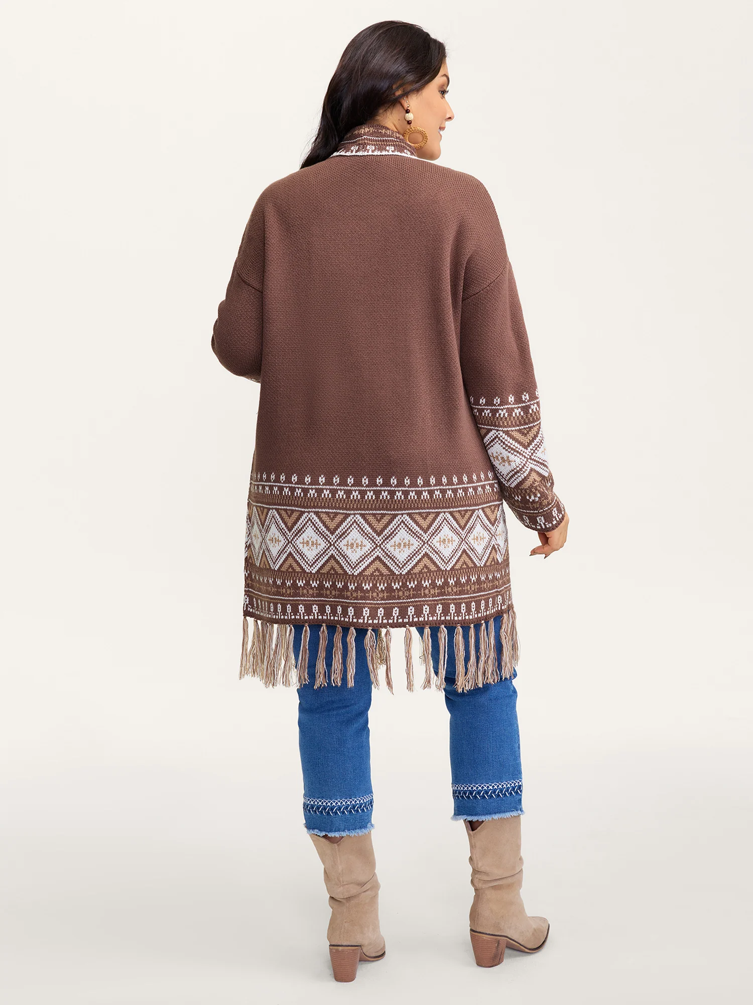 Boho Jacquard Folded Collar Tassels Cardigan - Image 5
