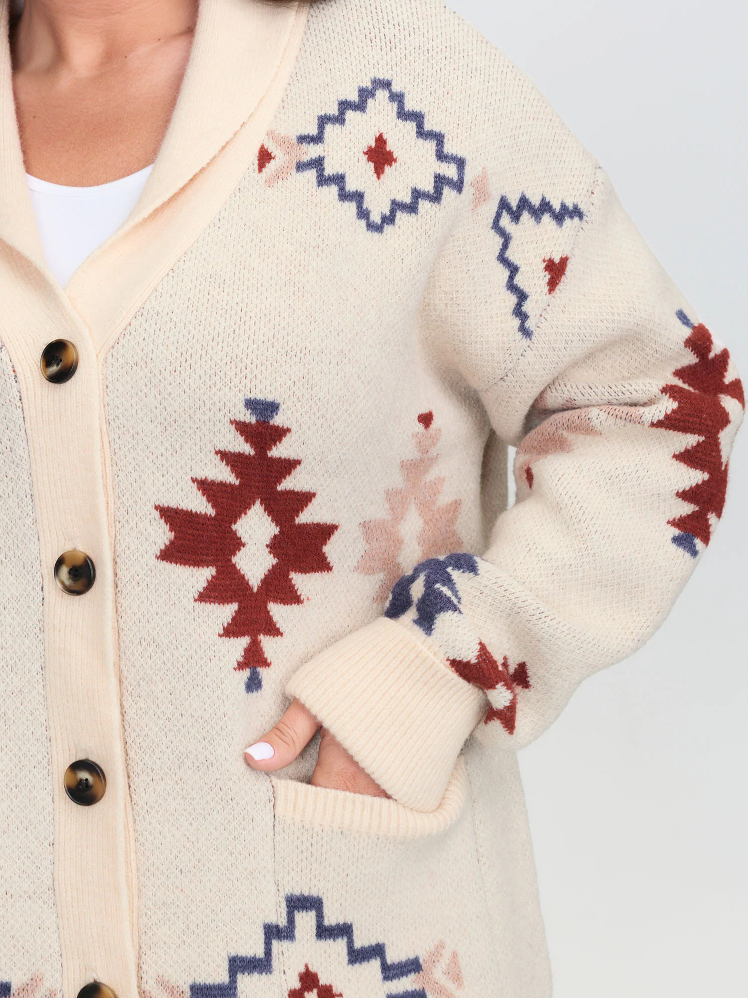 Boho Jacquard Print Pocket Knit Cardigan - Image 2