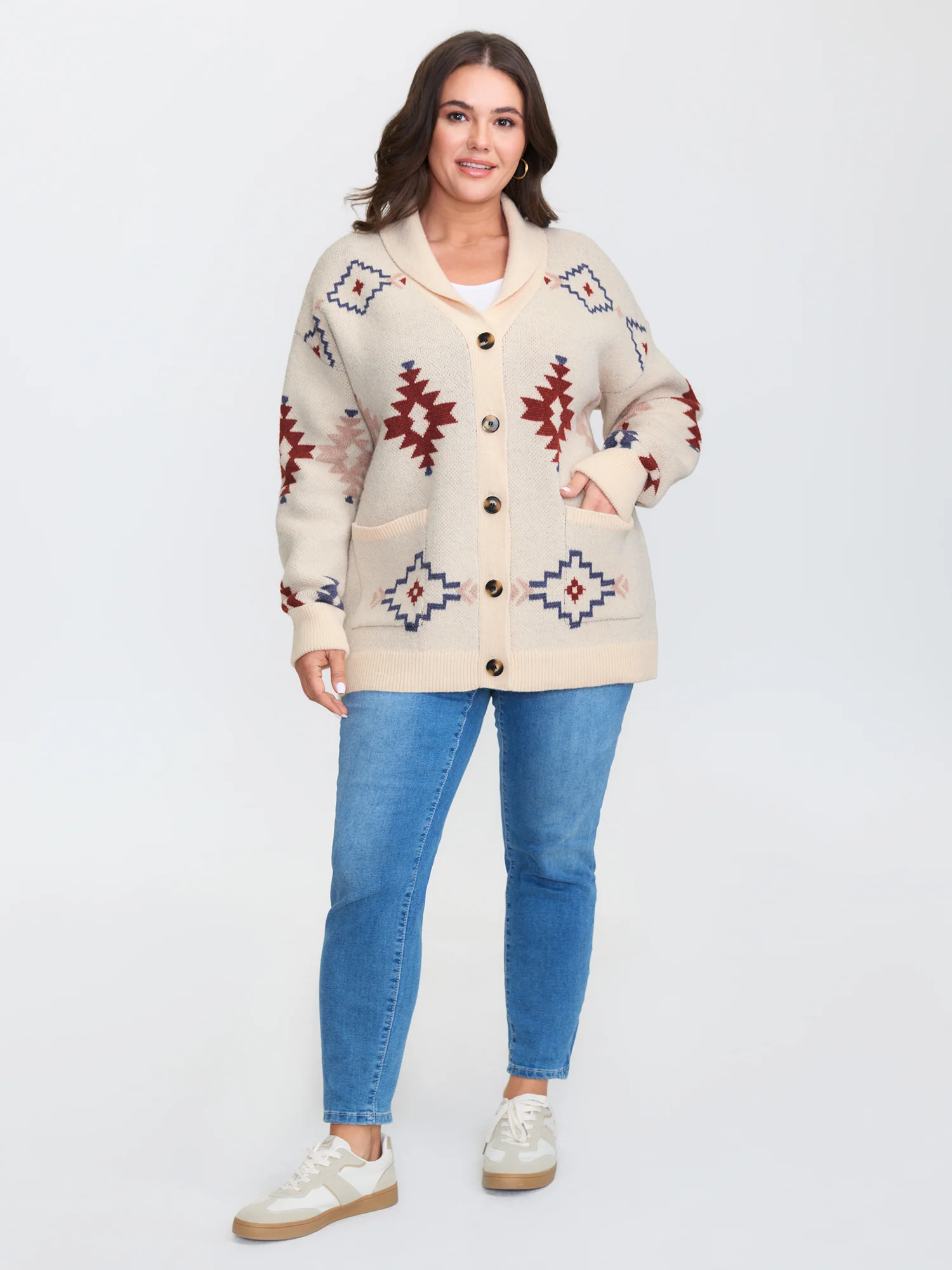 Boho Jacquard Print Pocket Knit Cardigan - Image 3