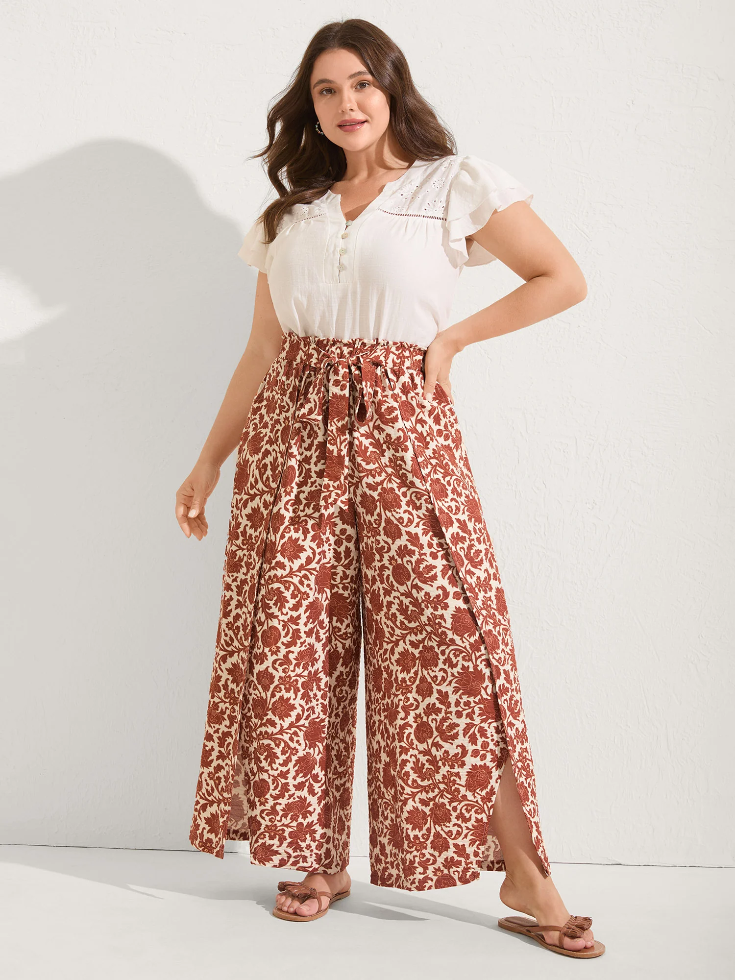 Boho Overlap Slit Belted Wide-Leg Pants - Image 3