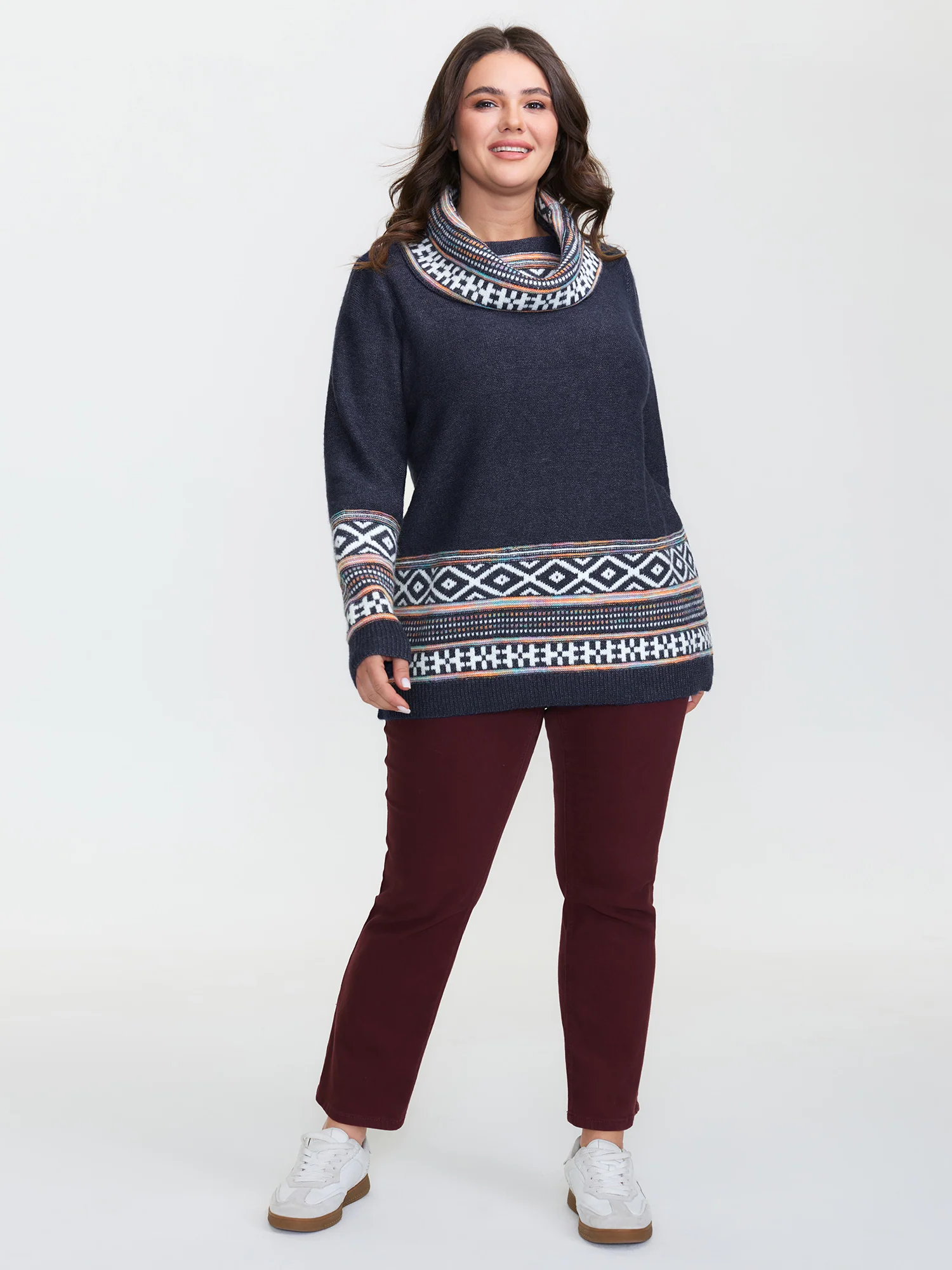 Boho Pattern Color Contrast Turtleneck Pullover - Image 3