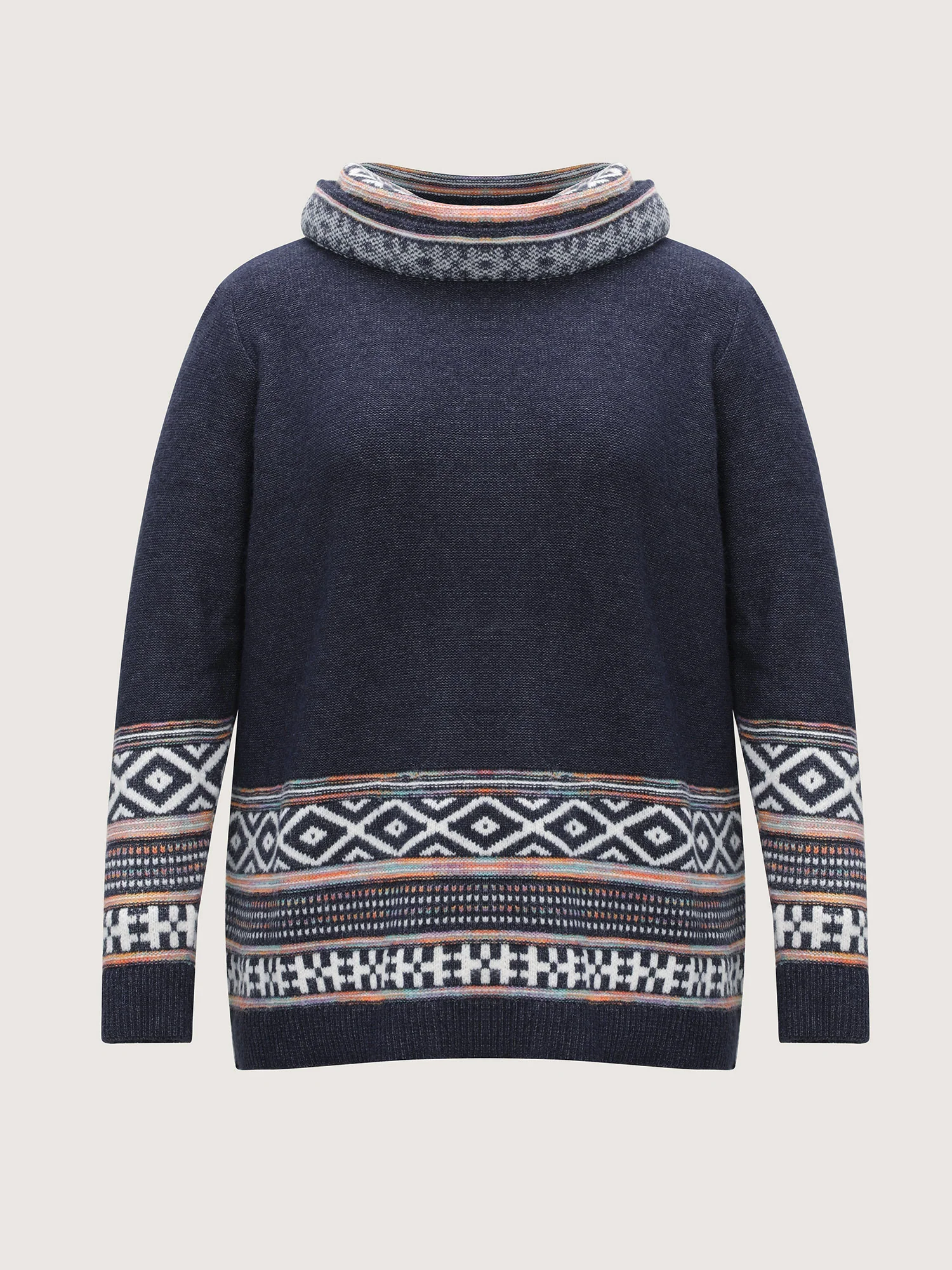 Boho Pattern Color Contrast Turtleneck Pullover - Image 7