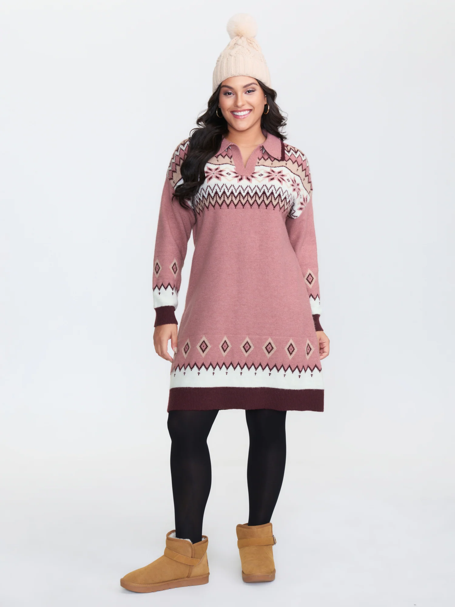 Boho Pattern Jacquard Contrast Sweater Dress - Image 3