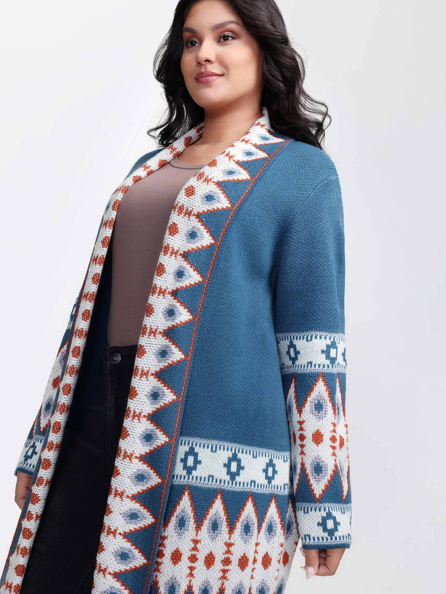 Boho Pattern Jacquard Folded Collar Knit Cardigan - Image 2