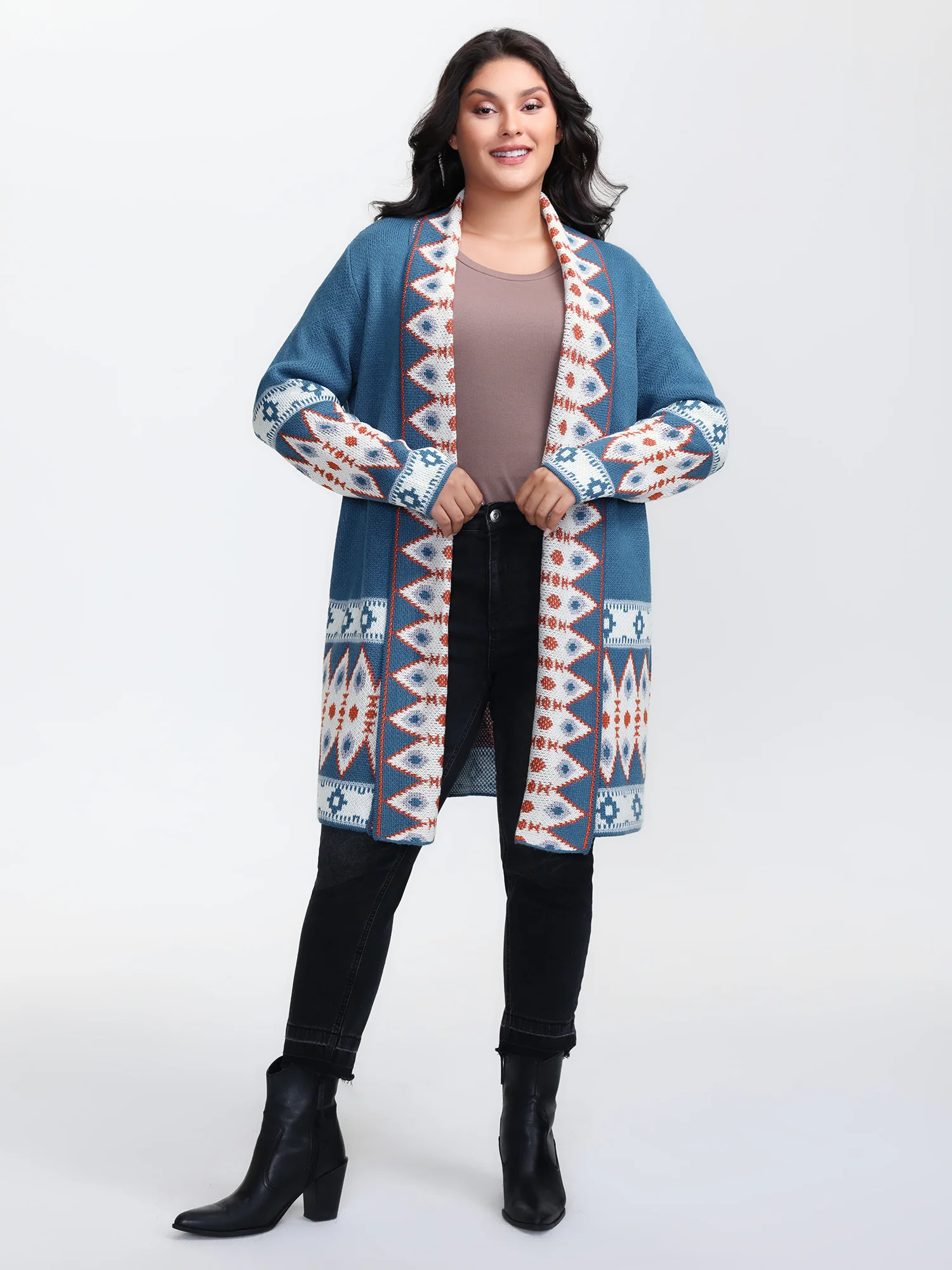 Boho Pattern Jacquard Folded Collar Knit Cardigan - Image 3
