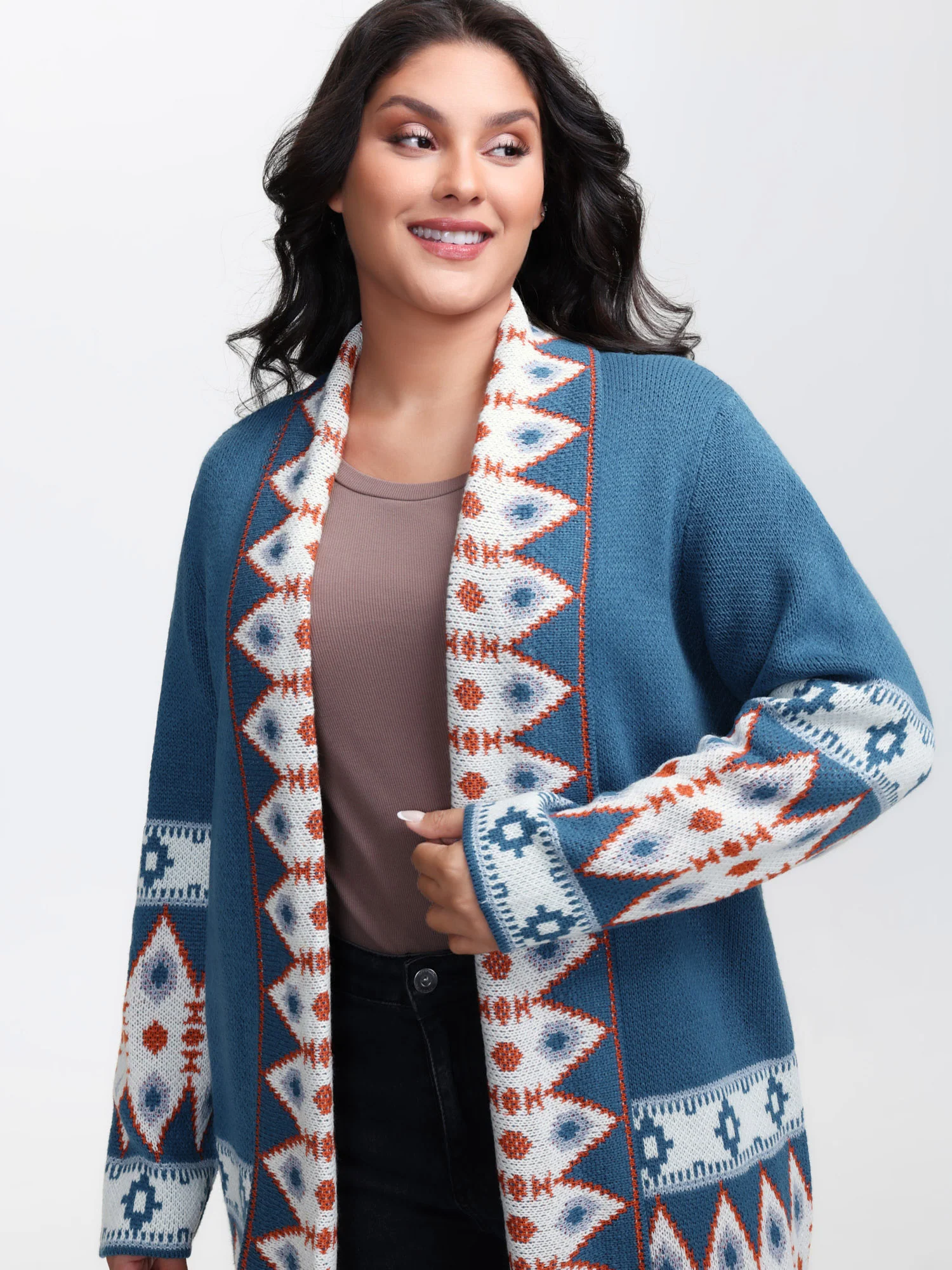 Boho Pattern Jacquard Folded Collar Knit Cardigan - Image 4