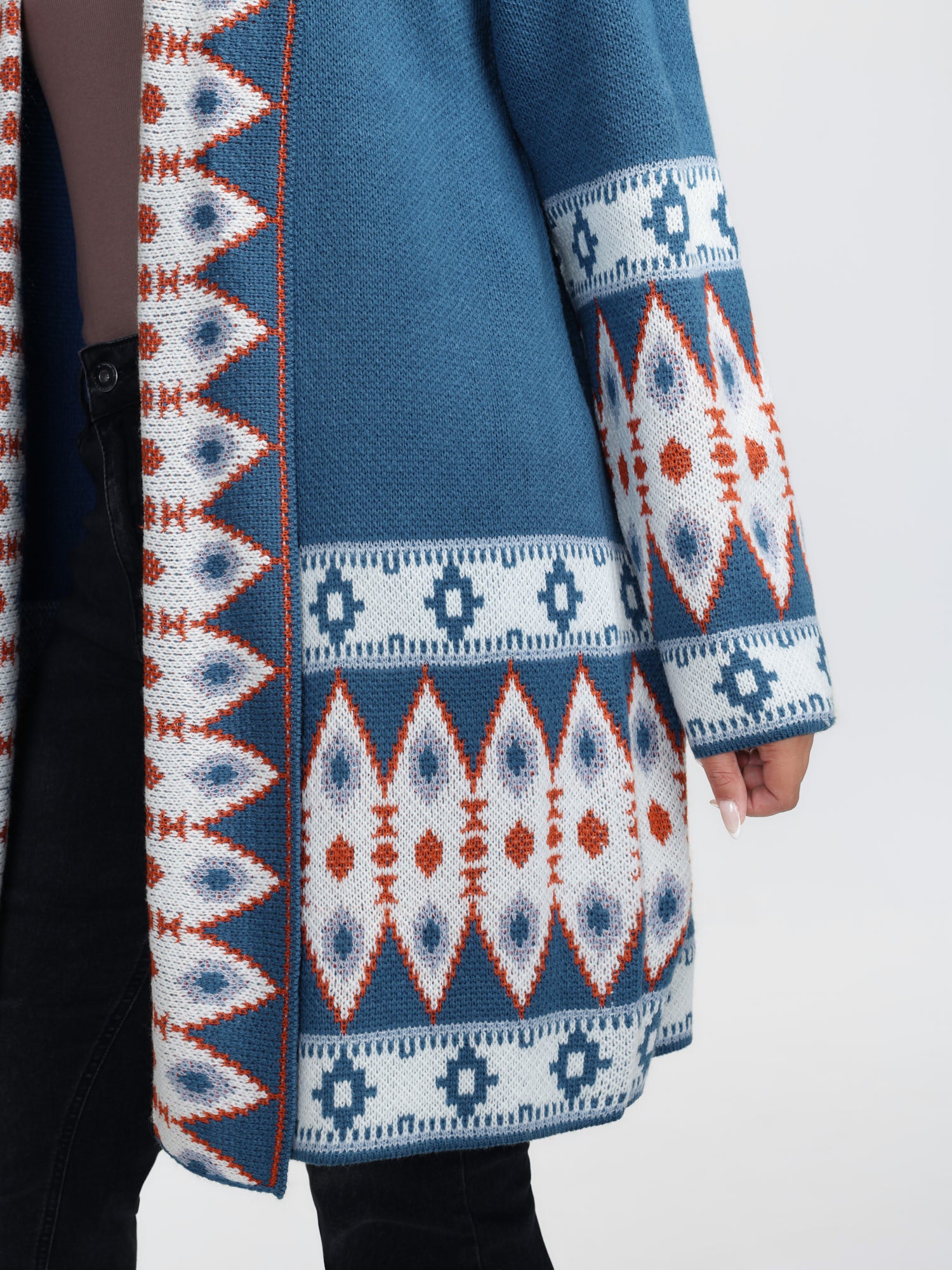 Boho Pattern Jacquard Folded Collar Knit Cardigan - Image 5