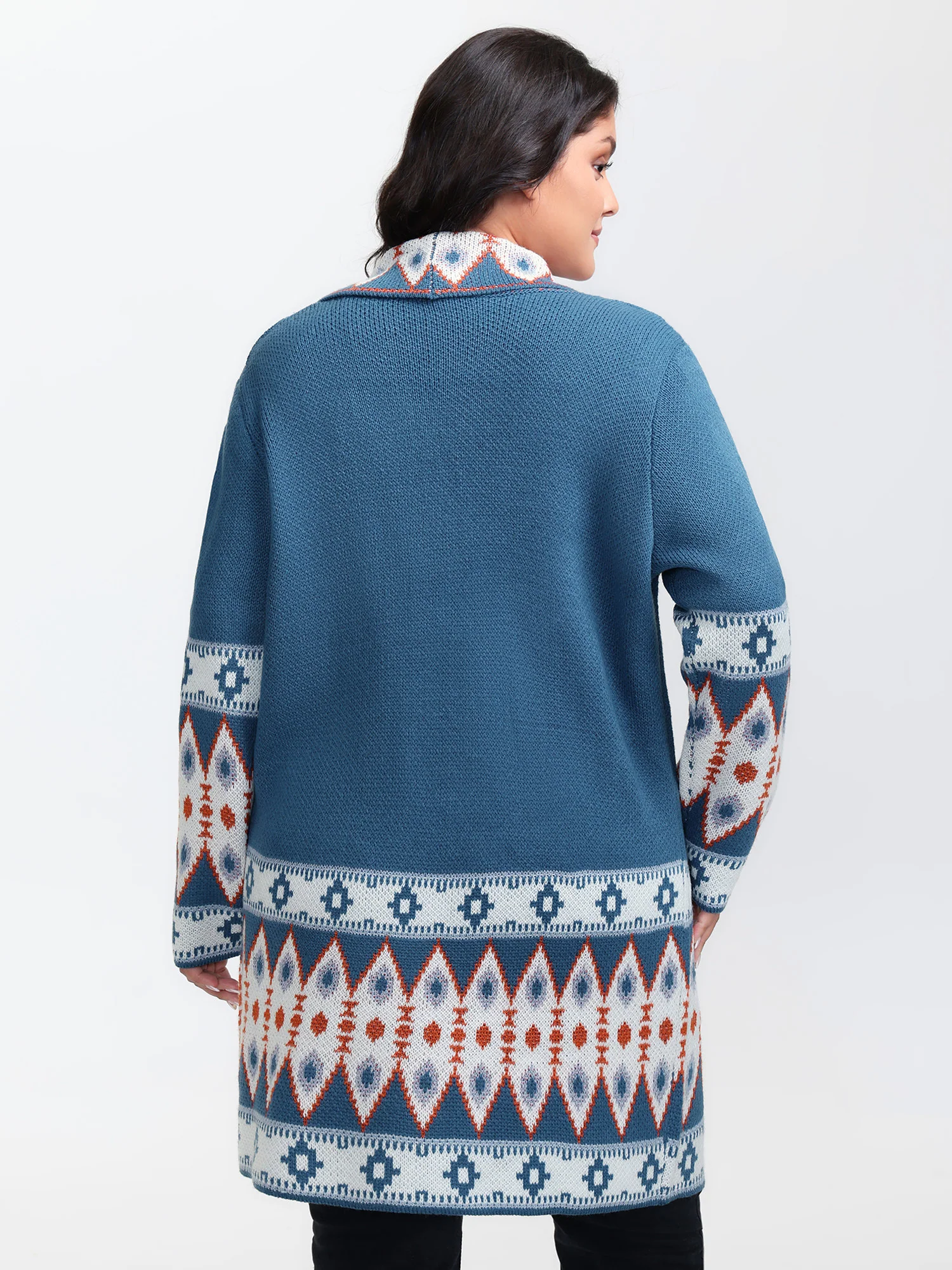 Boho Pattern Jacquard Folded Collar Knit Cardigan - Image 6