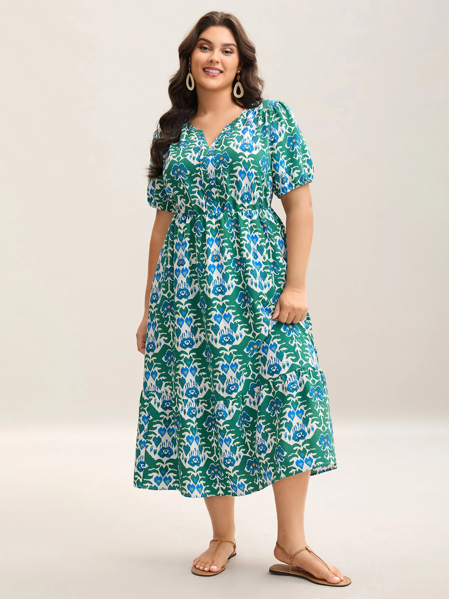 Boho Pattern Stretchy Waist Pockets Midi Dress - Image 3