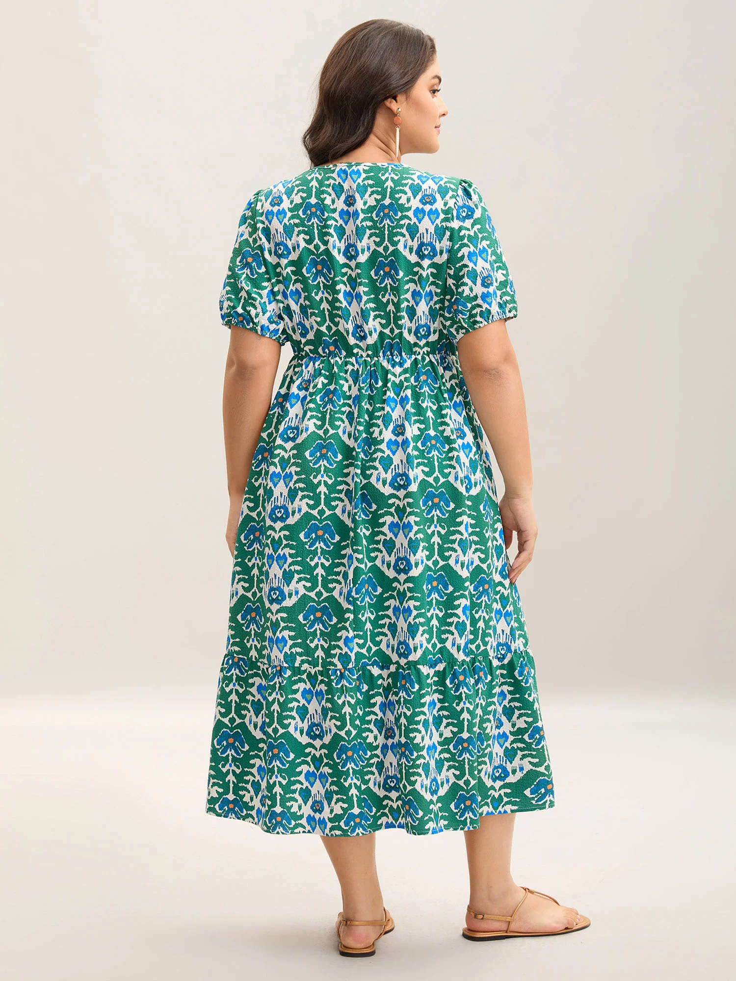 Boho Pattern Stretchy Waist Pockets Midi Dress - Image 4