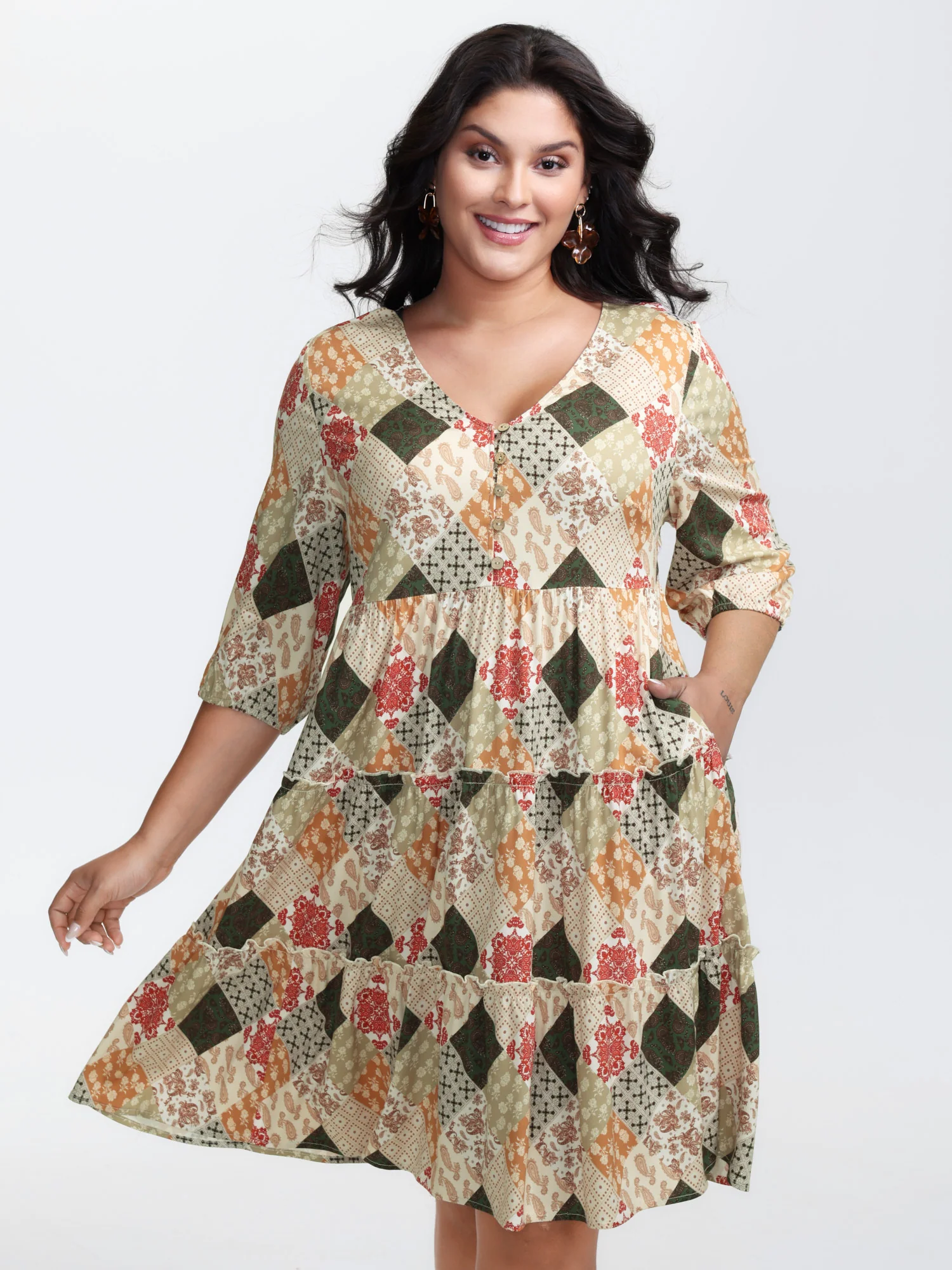 Boho Print A-Line Tiered Knee-Length Dress
