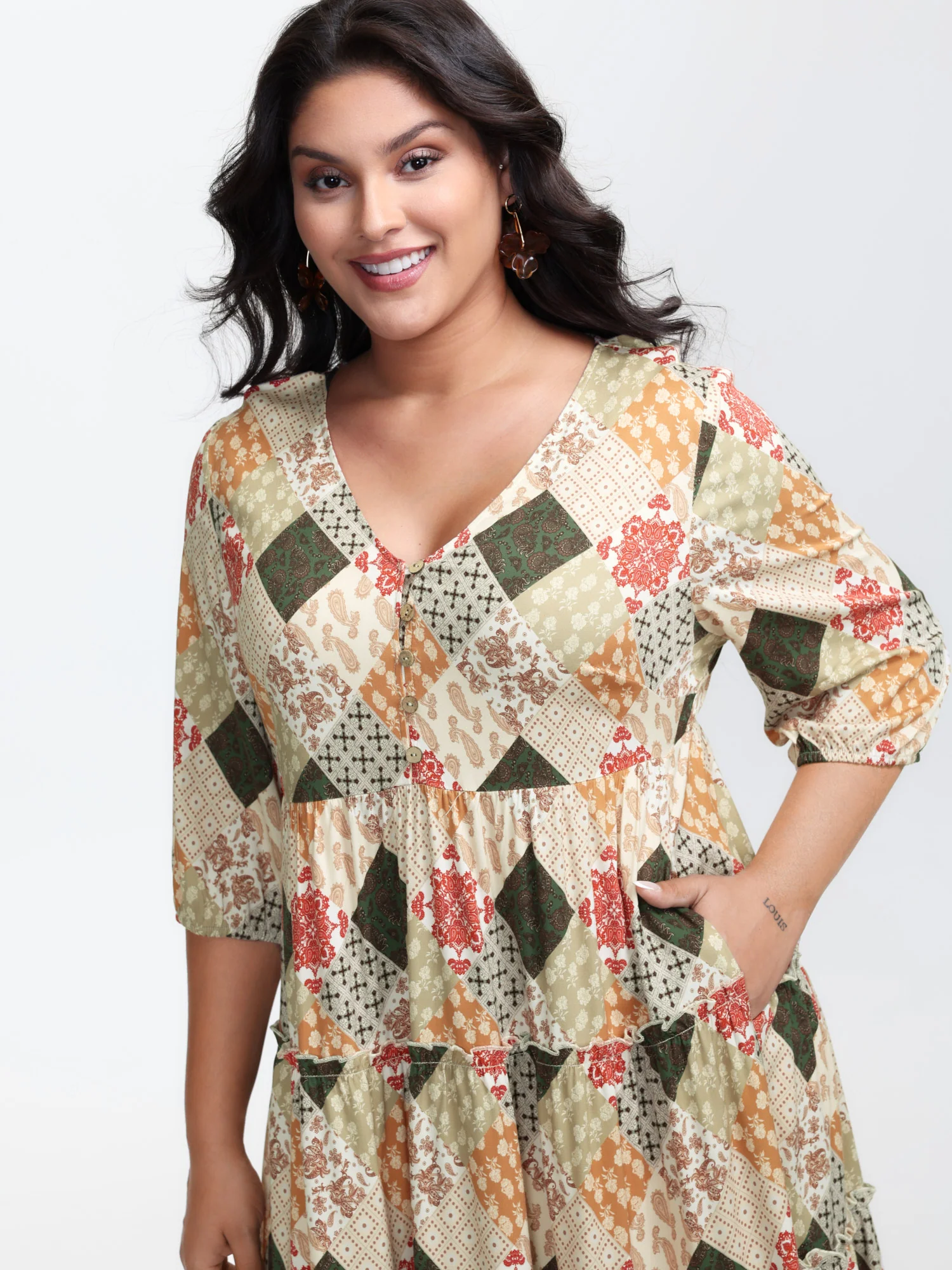 Boho Print A-Line Tiered Knee-Length Dress - Image 2