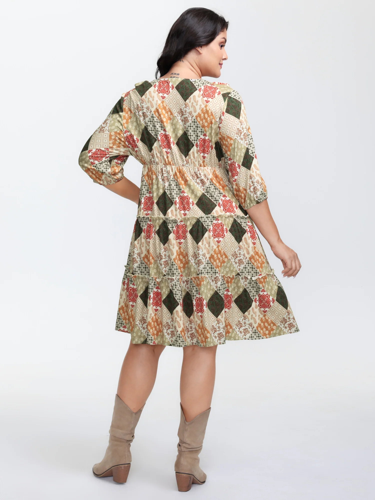 Boho Print A-Line Tiered Knee-Length Dress - Image 4
