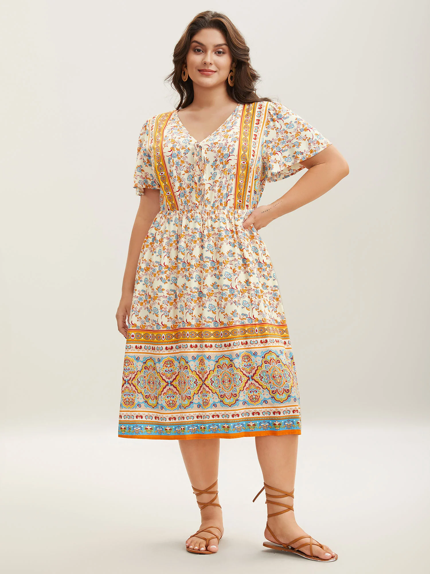 Boho Print Adjustable Neck Ties Midi Dress
