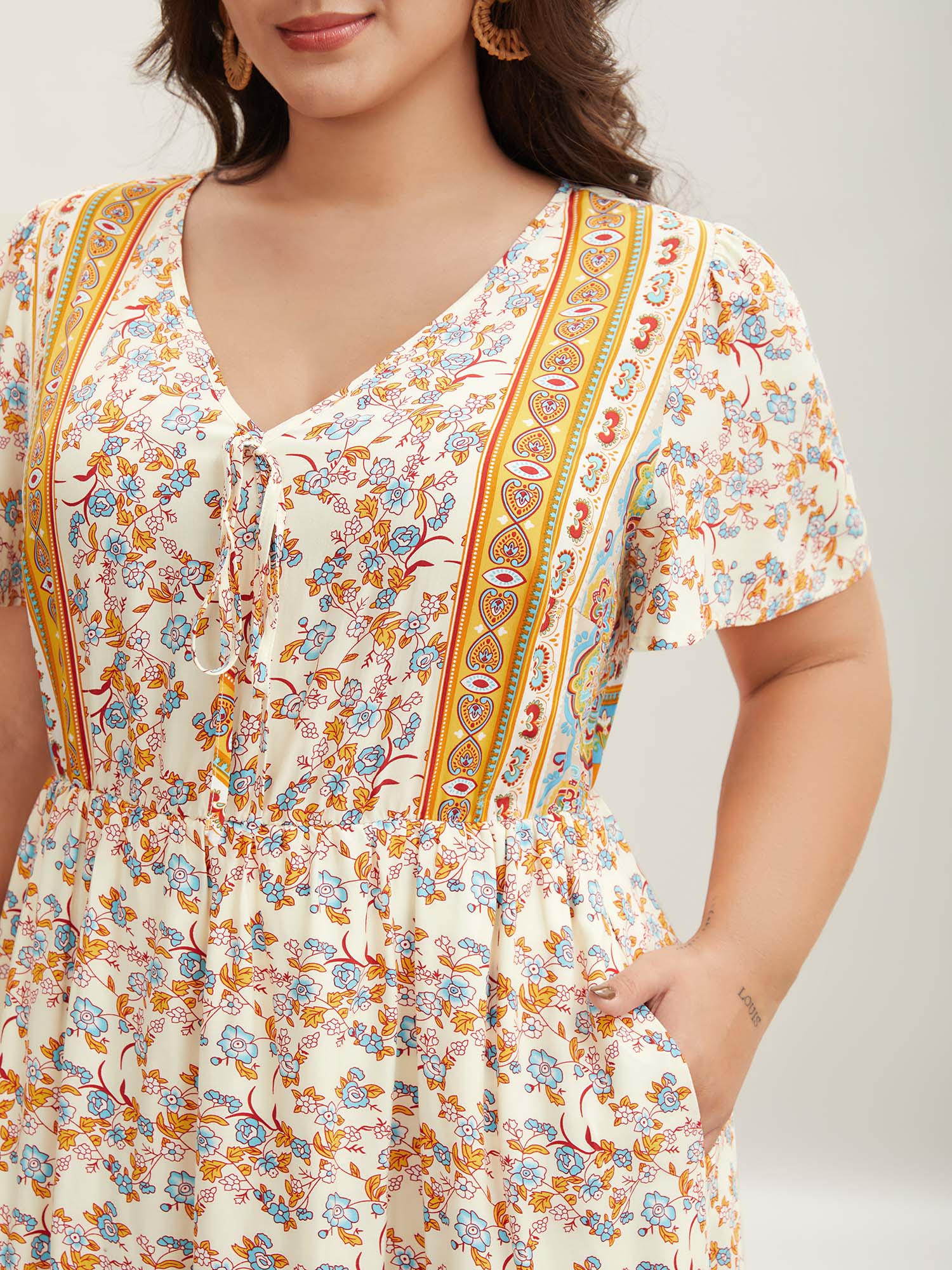 Boho Print Adjustable Neck Ties Midi Dress - Image 2