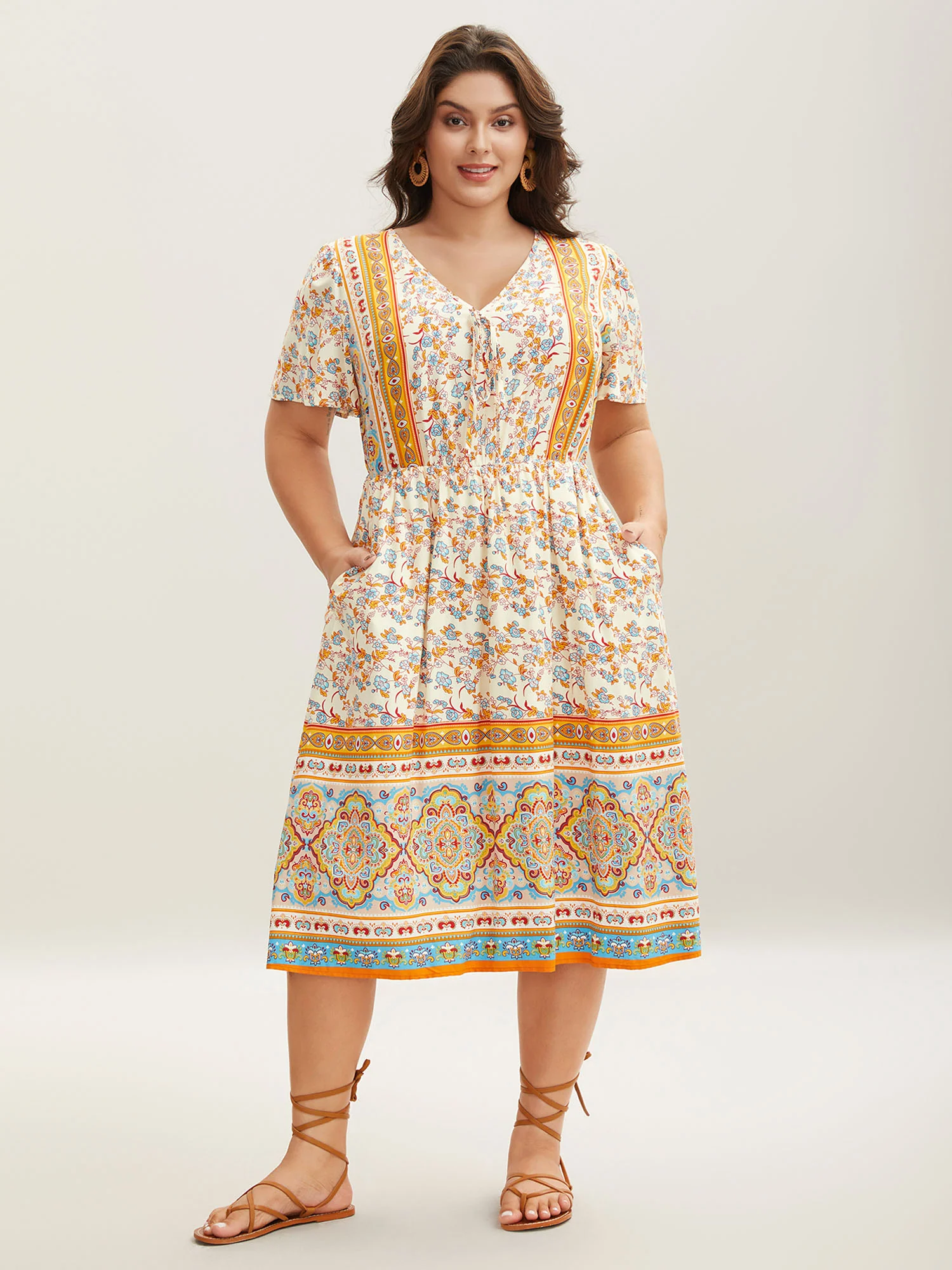 Boho Print Adjustable Neck Ties Midi Dress - Image 3