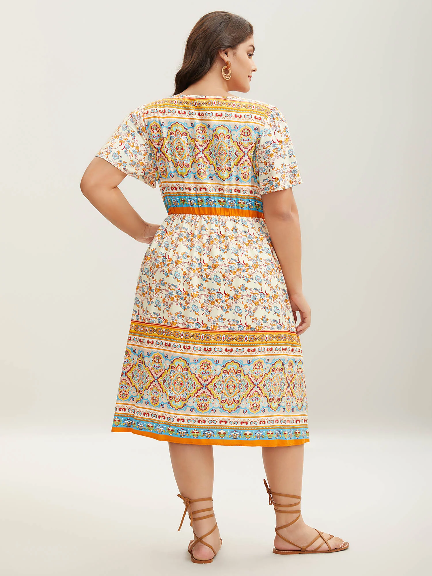 Boho Print Adjustable Neck Ties Midi Dress - Image 4