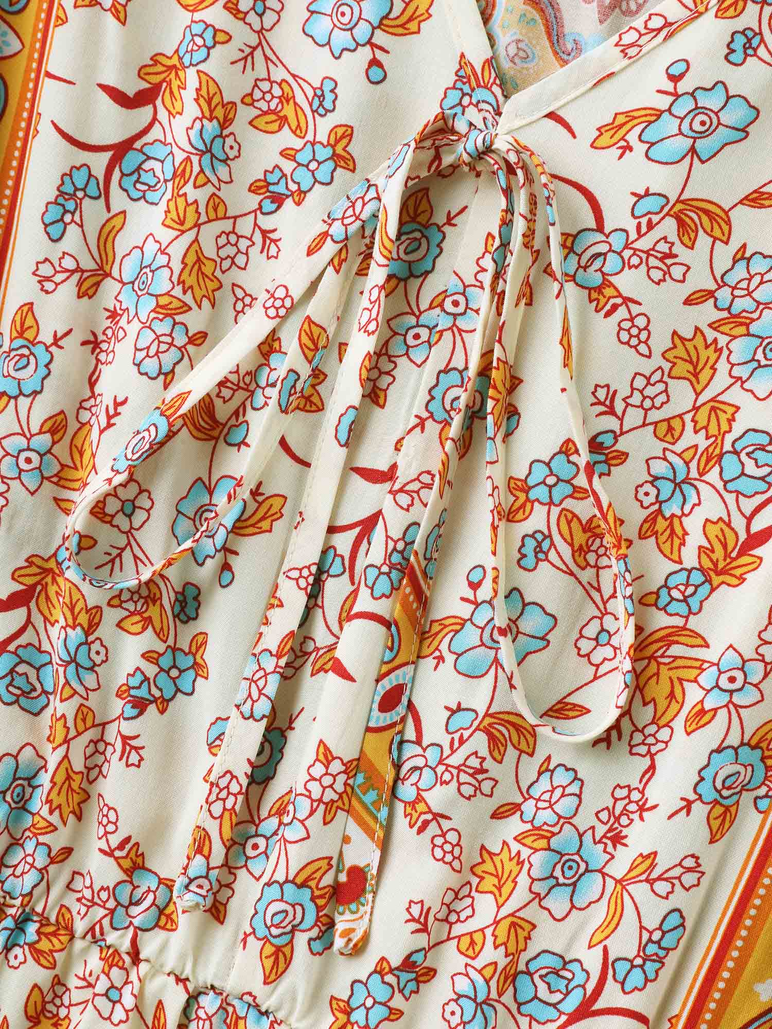 Boho Print Adjustable Neck Ties Midi Dress - Image 5