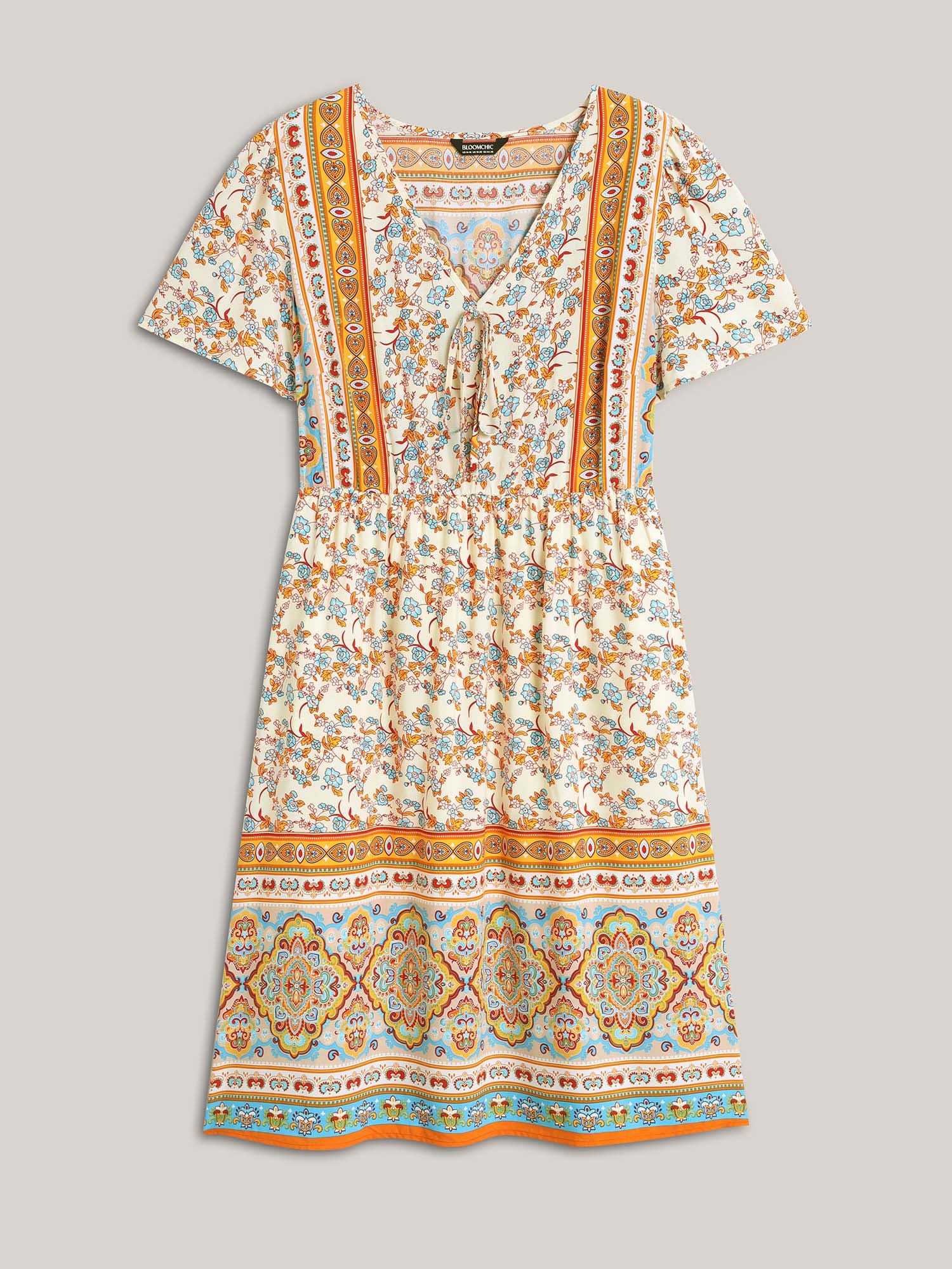 Boho Print Adjustable Neck Ties Midi Dress - Image 7