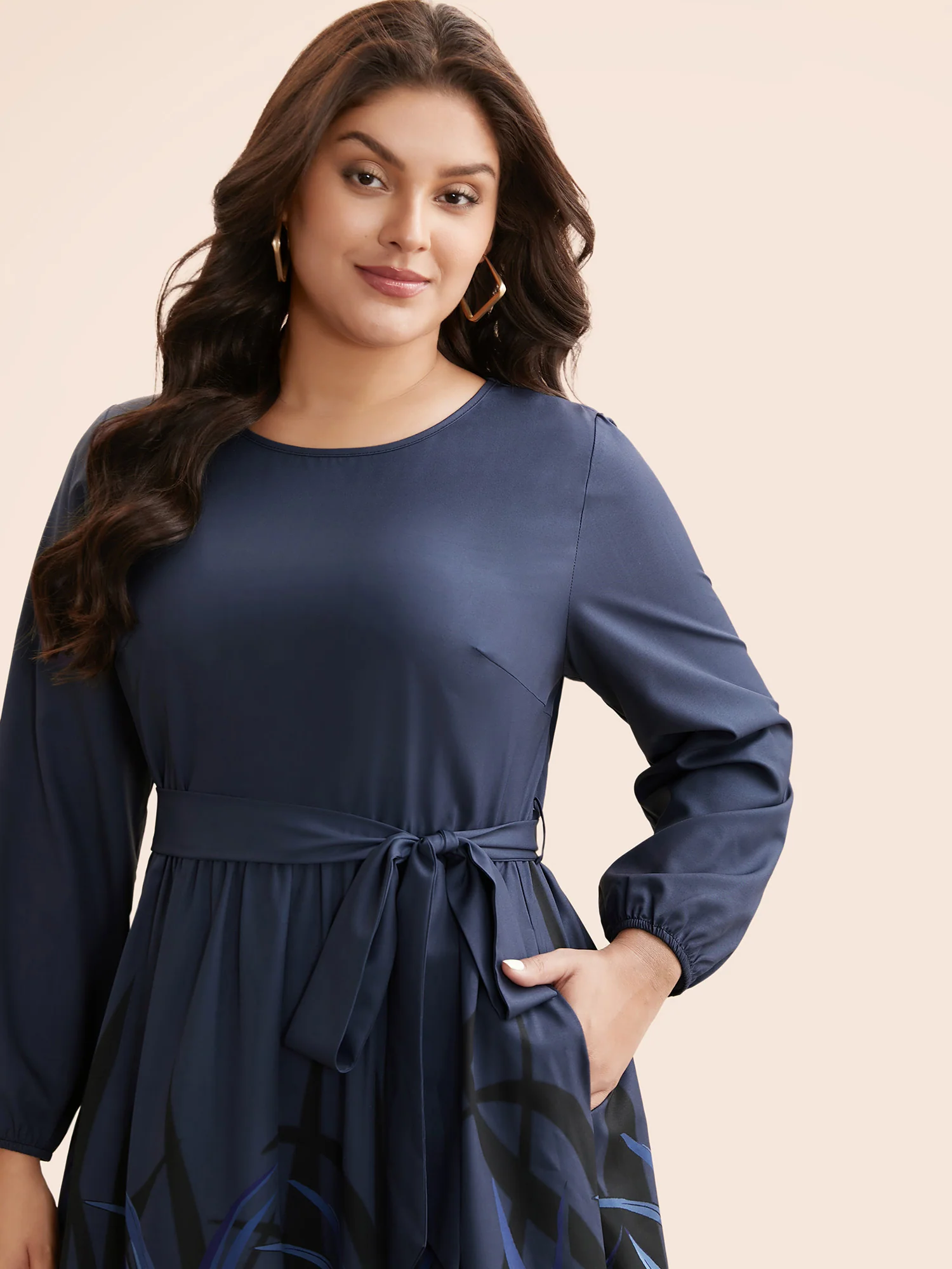 Boho Print Belted Lantern Sleeve Dress - Image 2