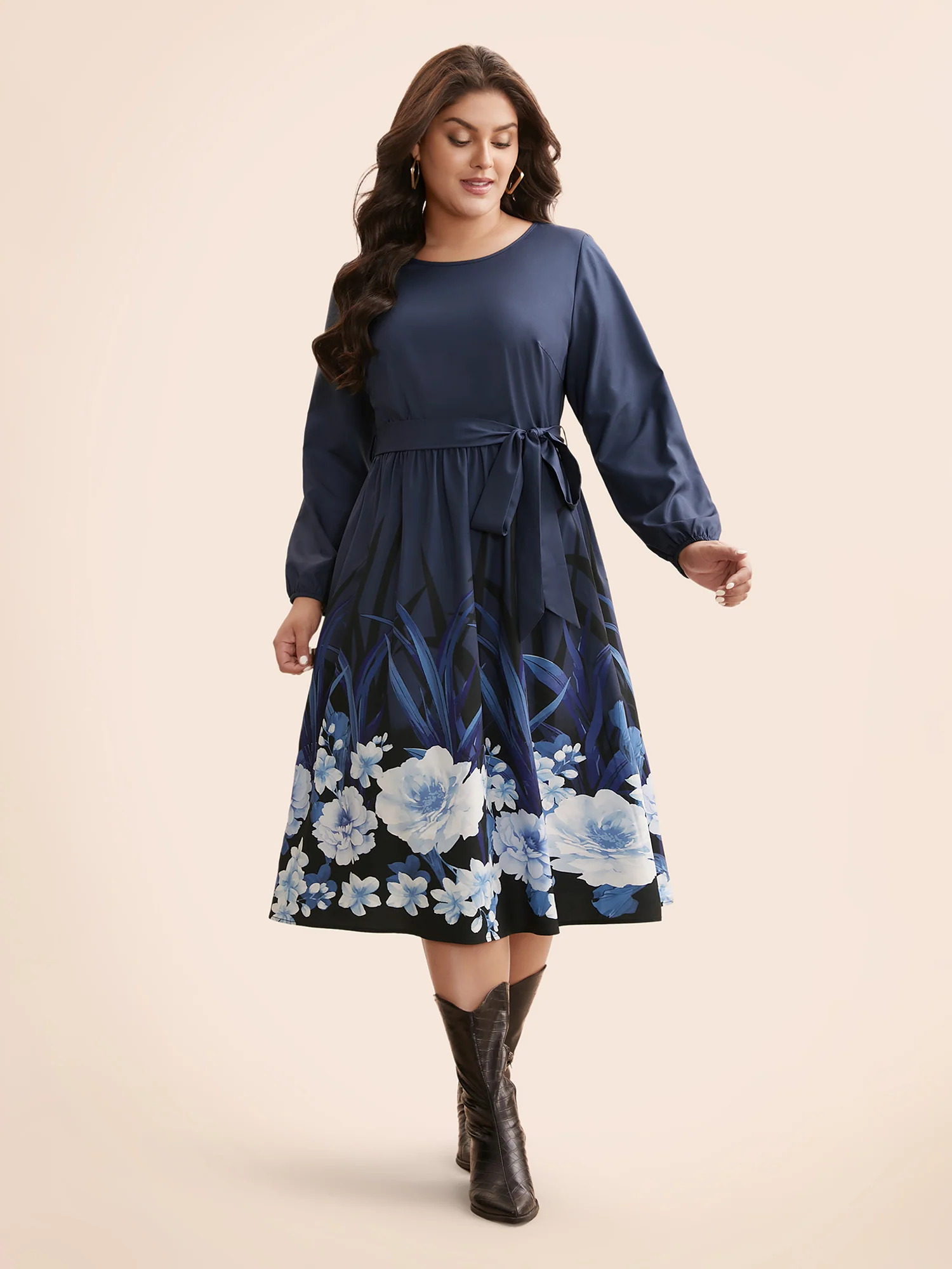 Boho Print Belted Lantern Sleeve Dress - Image 3