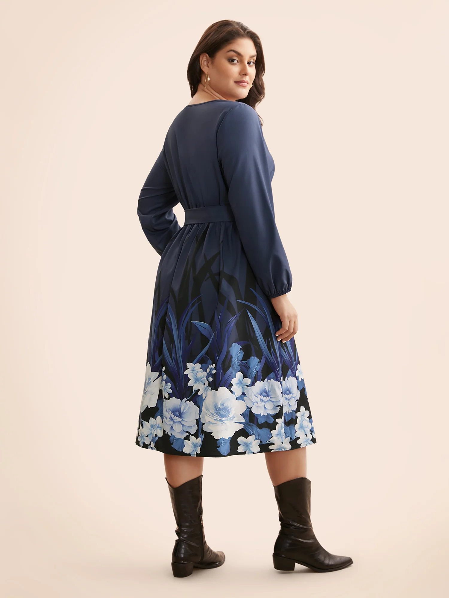 Boho Print Belted Lantern Sleeve Dress - Image 4