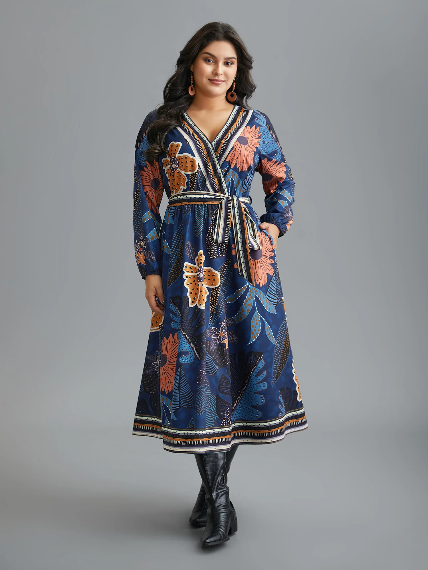 Boho Print Belted Lantern Sleeve Dress - Image 10