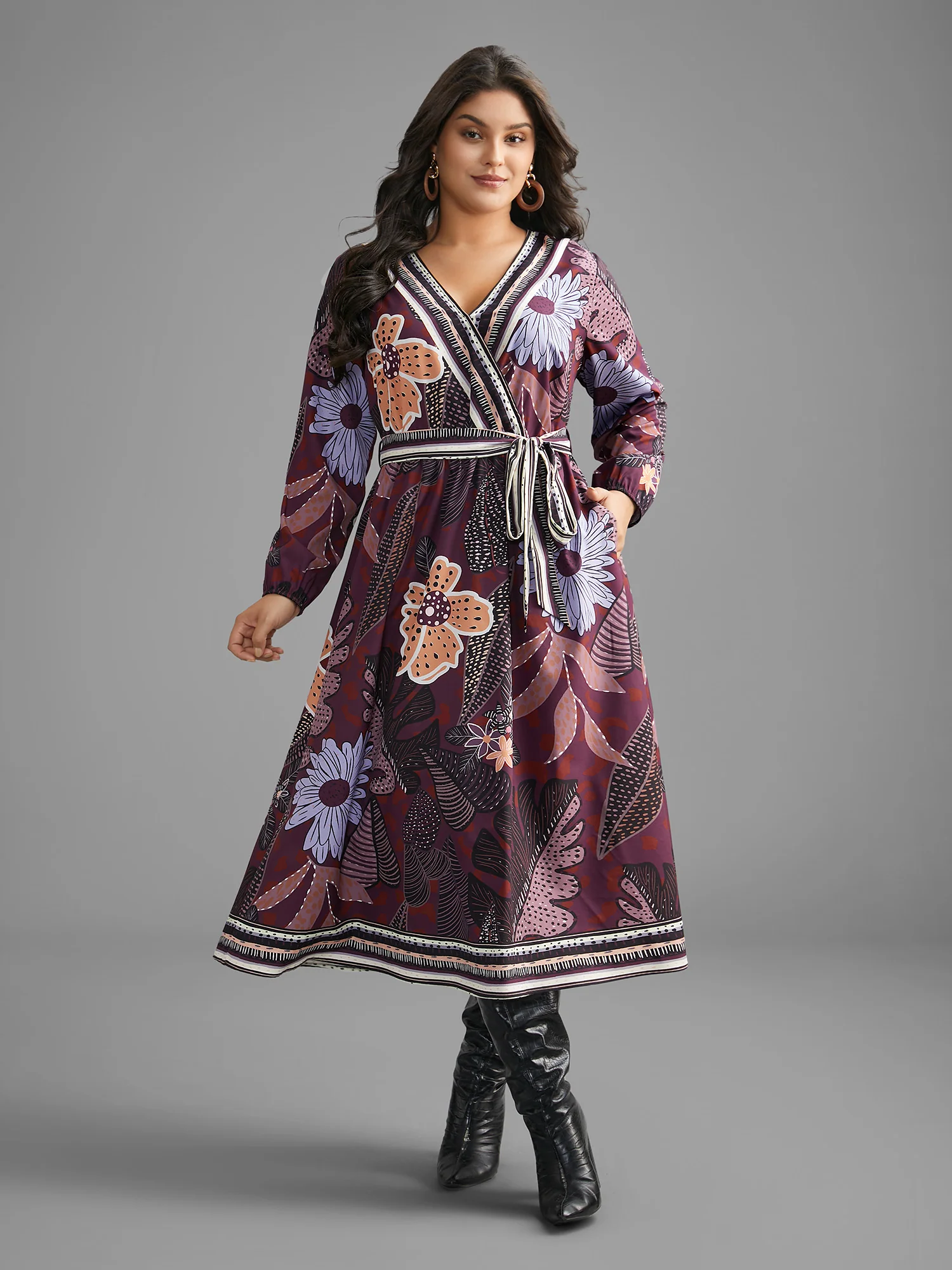 Boho Print Belted Lantern Sleeve Dress - Image 12