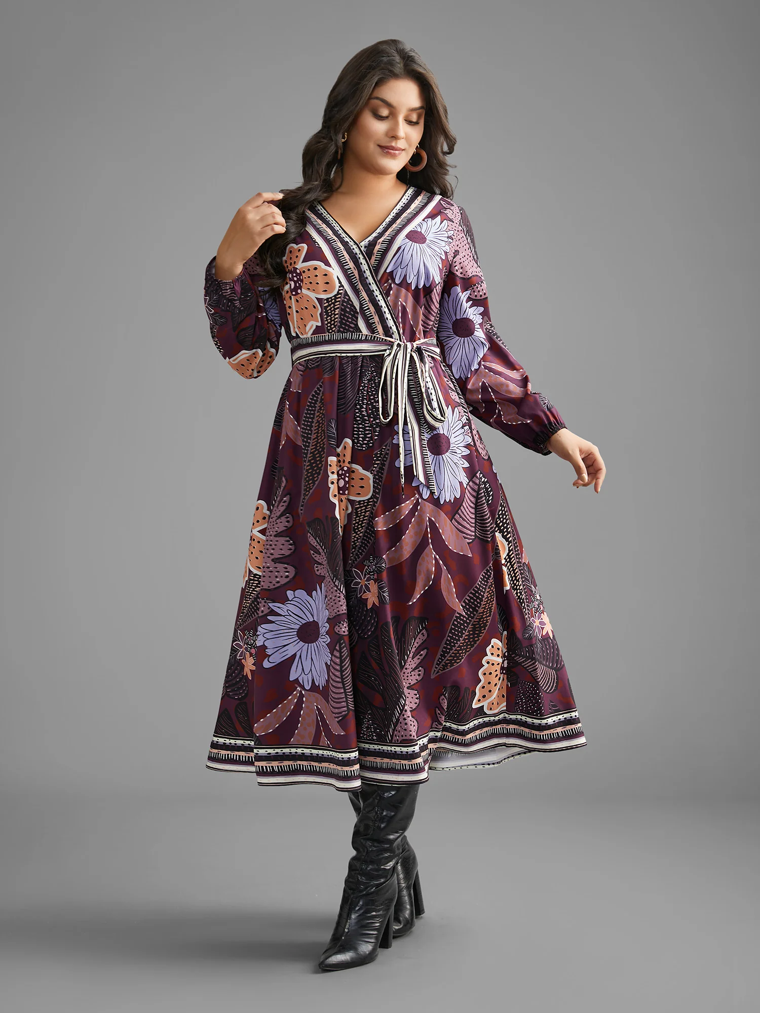 Boho Print Belted Lantern Sleeve Dress - Image 13