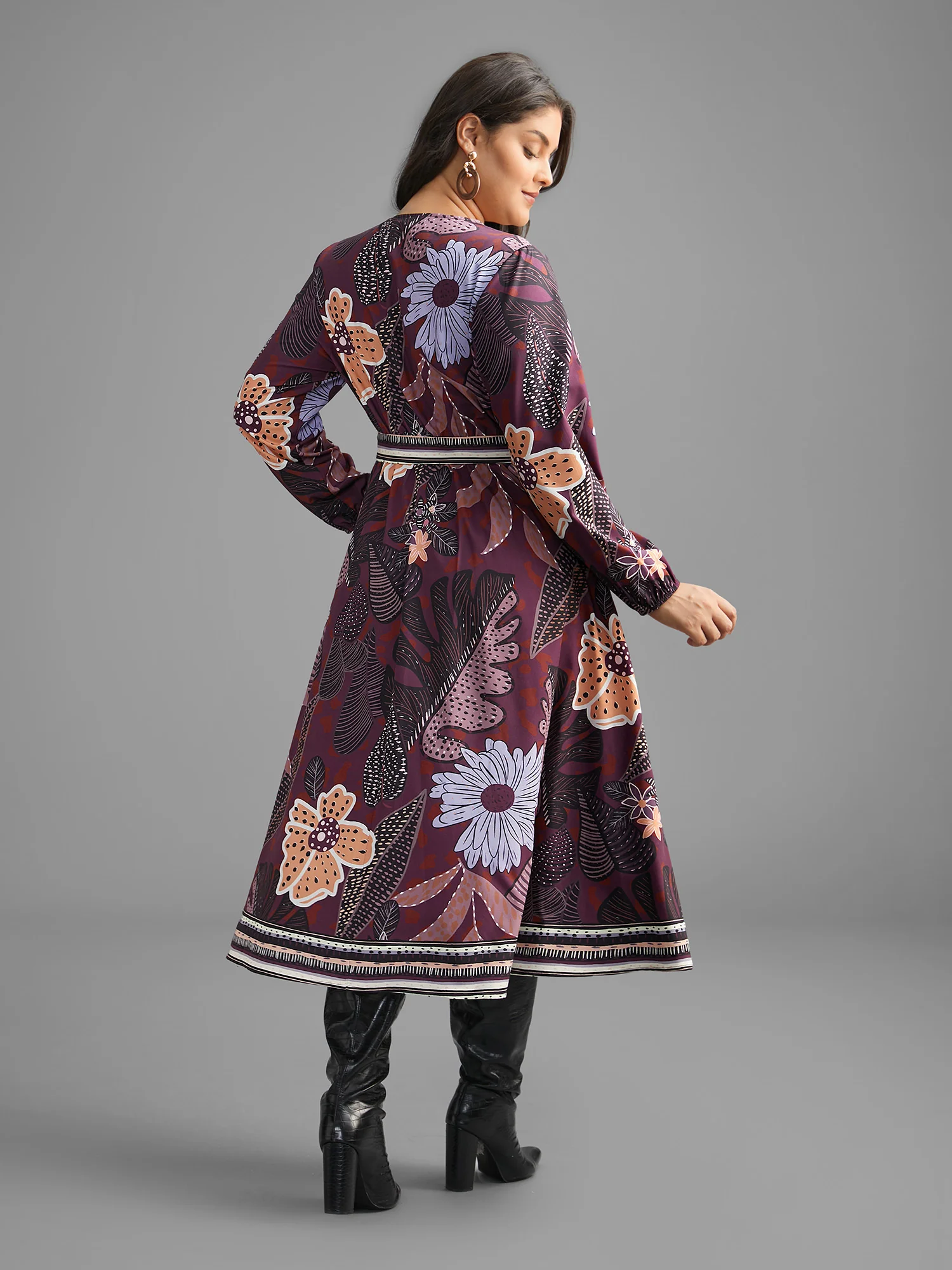 Boho Print Belted Lantern Sleeve Dress - Image 14