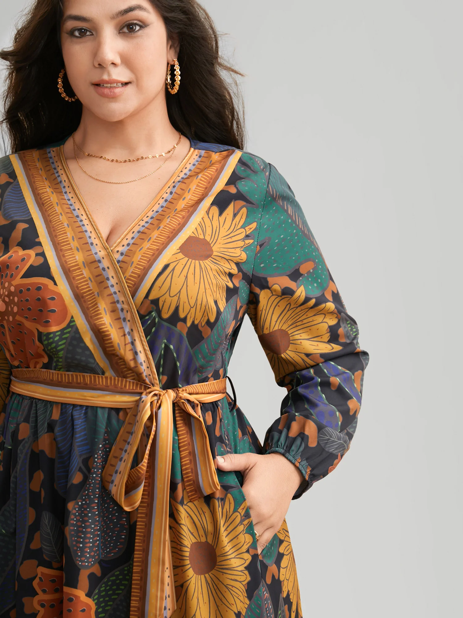 Boho Print Belted Lantern Sleeve Dress - Image 2