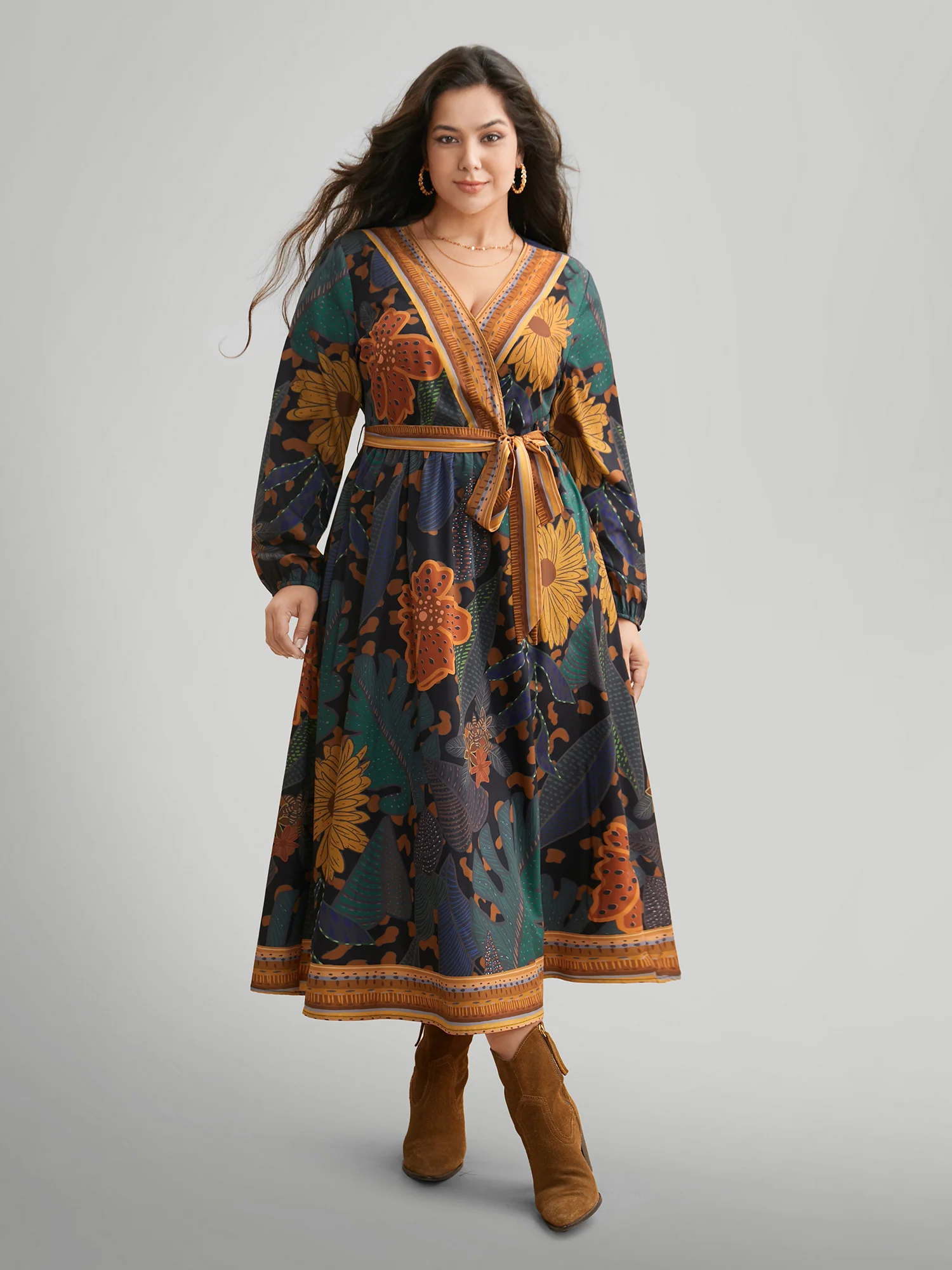 Boho Print Belted Lantern Sleeve Dress - Image 3