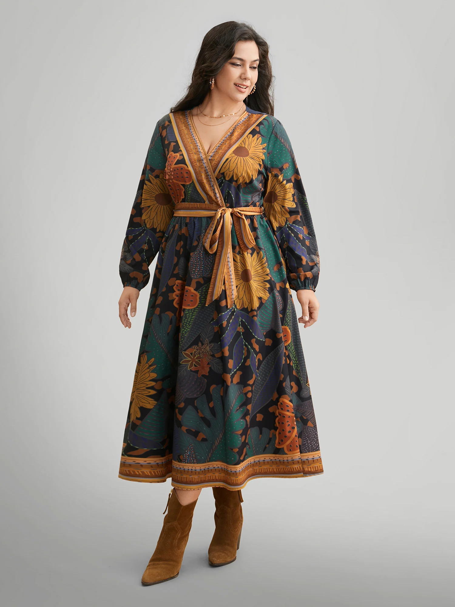 Boho Print Belted Lantern Sleeve Dress - Image 4