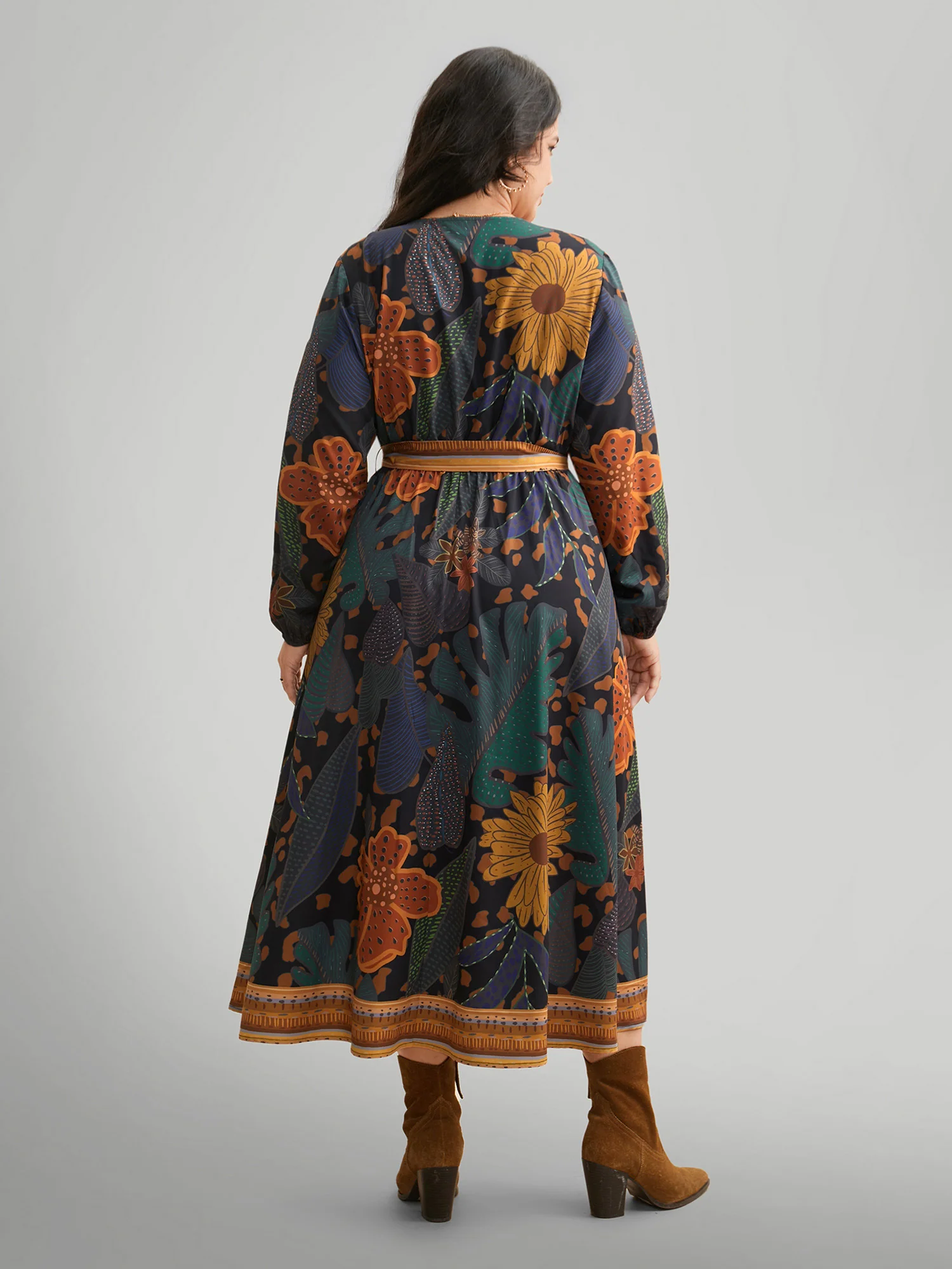 Boho Print Belted Lantern Sleeve Dress - Image 5