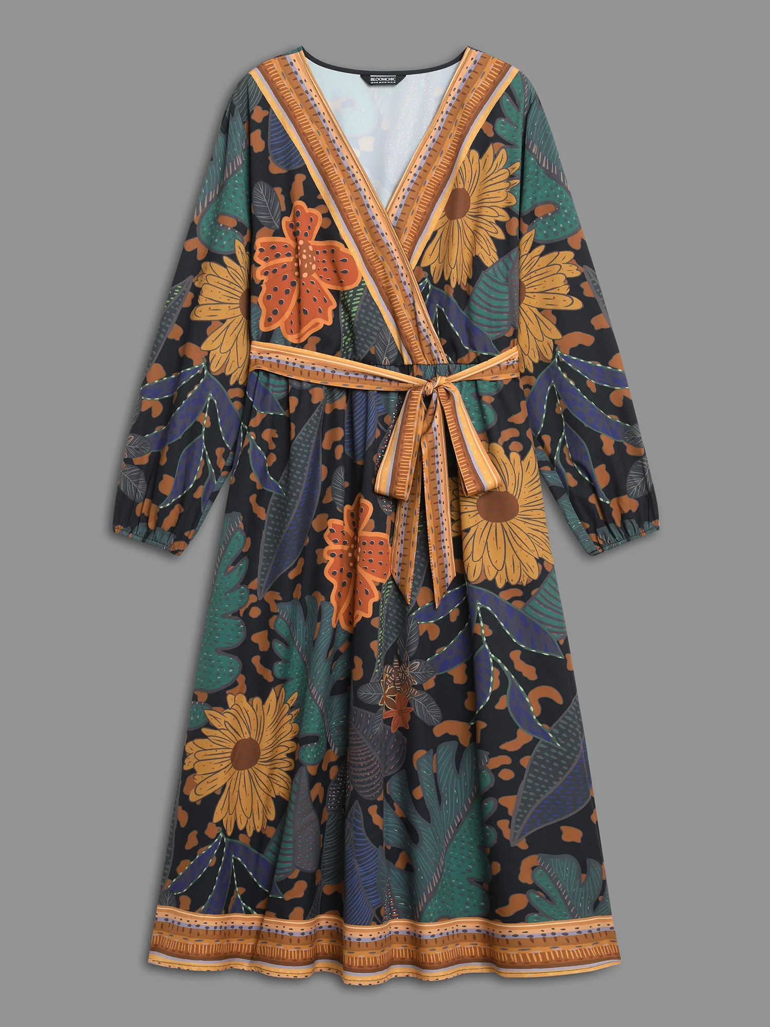 Boho Print Belted Lantern Sleeve Dress - Image 8