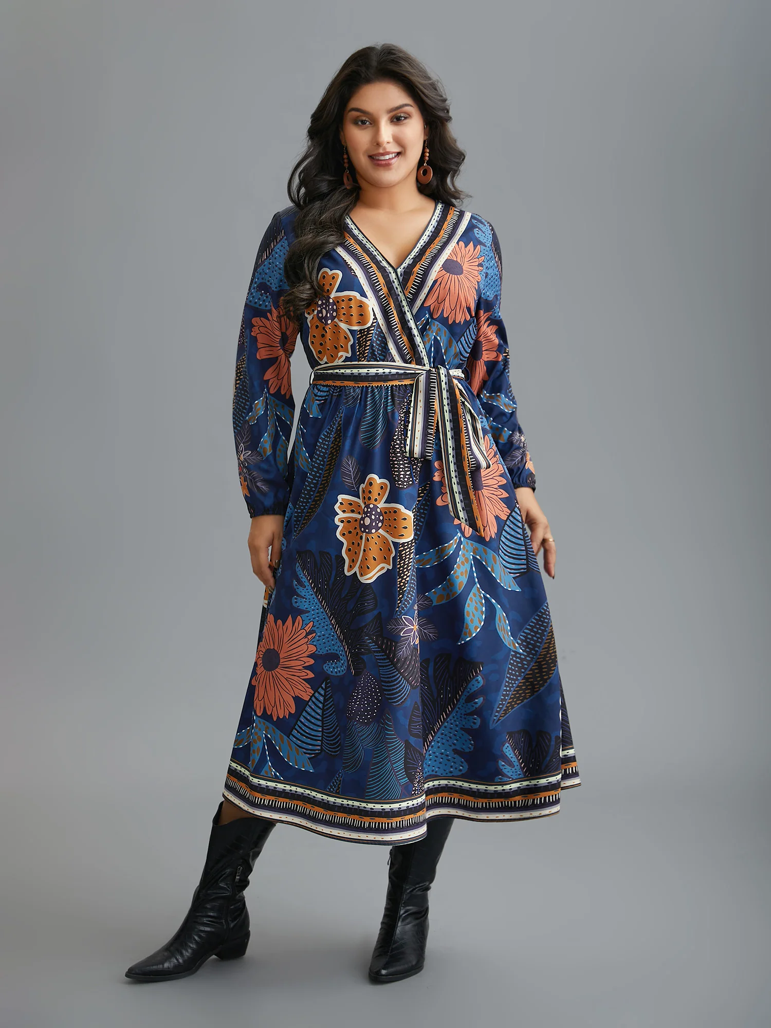Boho Print Belted Lantern Sleeve Dress - Image 9