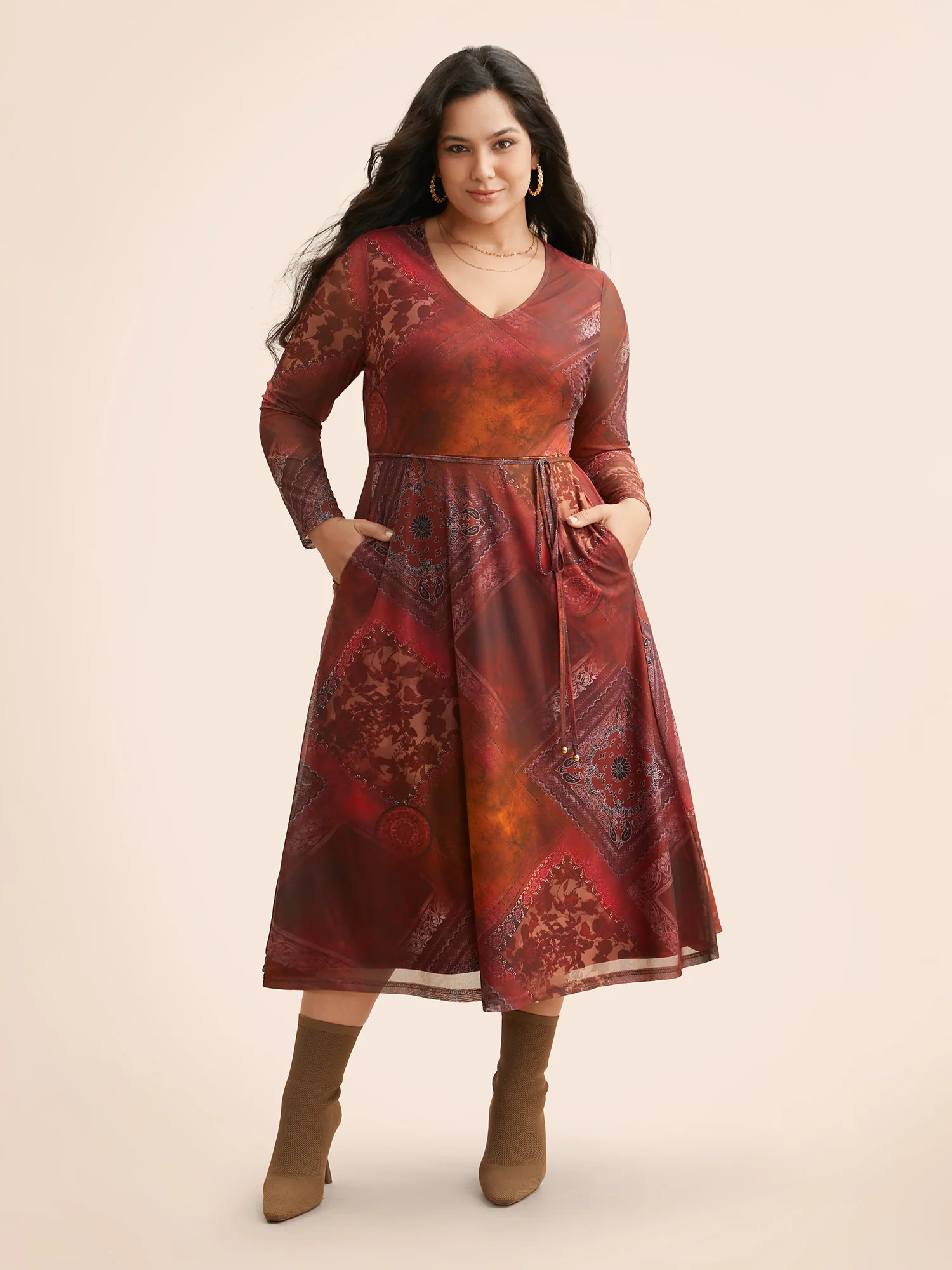 Boho Print Belted Mesh Midi Dress - Image 2