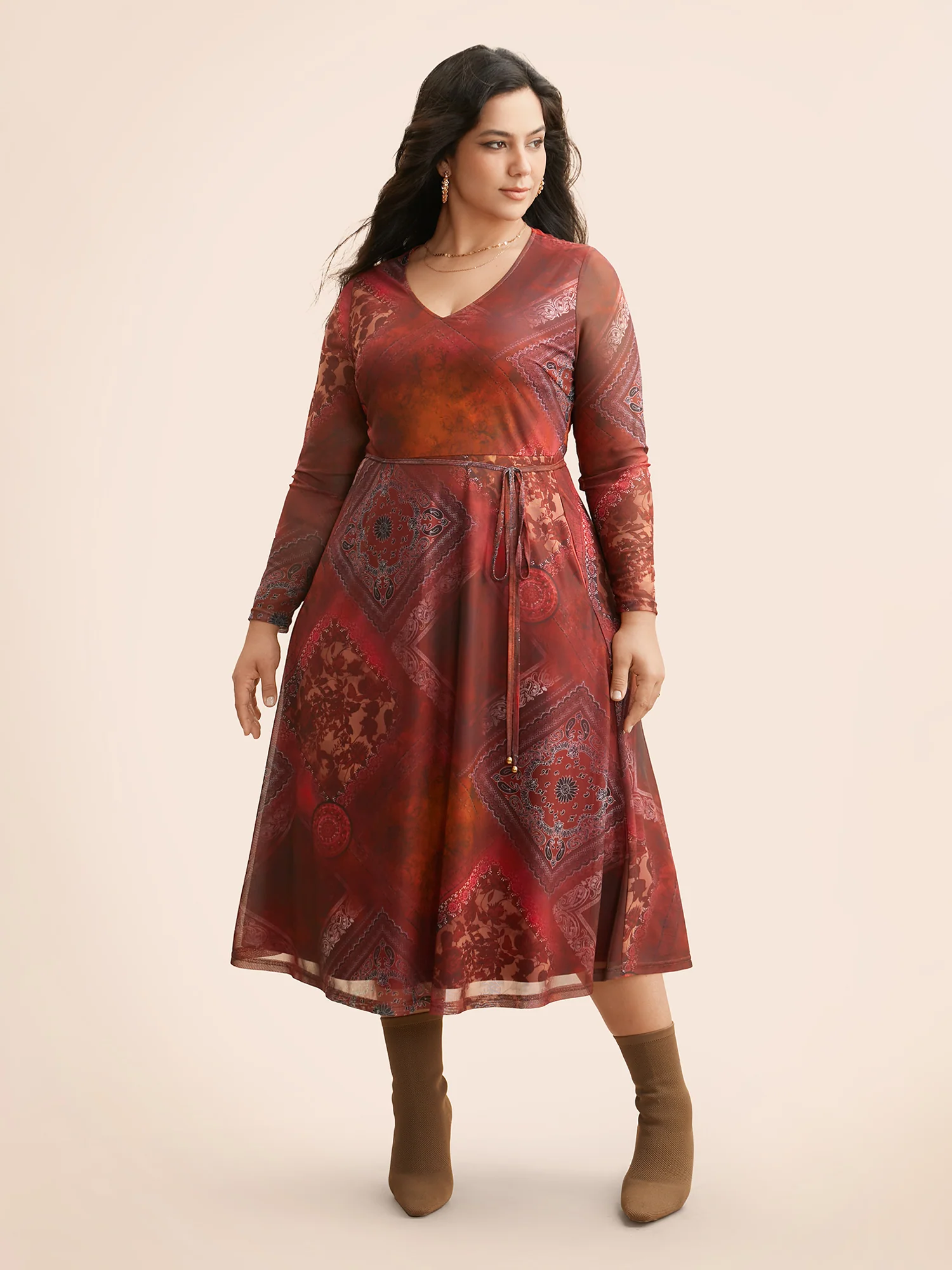 Boho Print Belted Mesh Midi Dress - Image 3