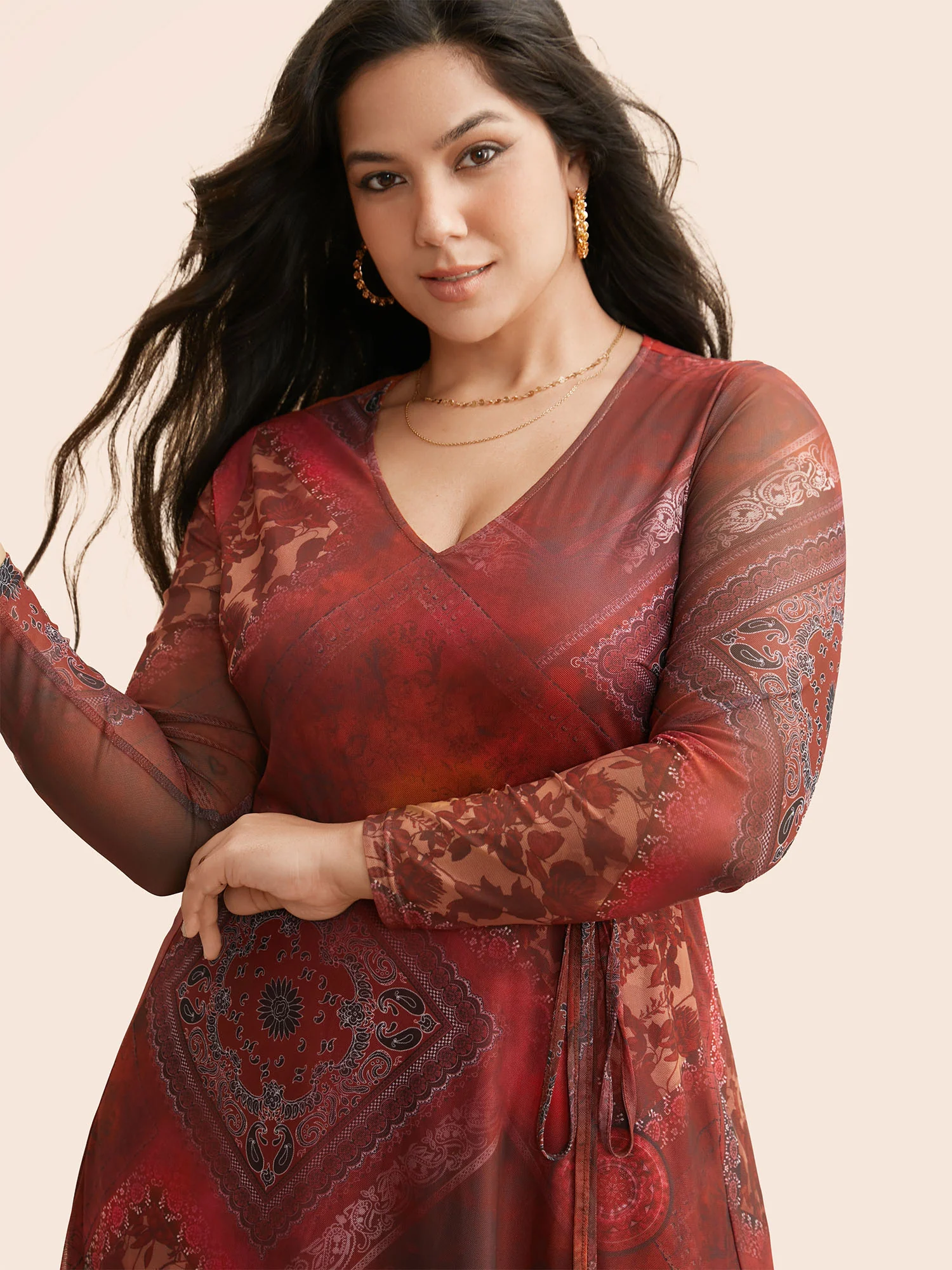 Boho Print Belted Mesh Midi Dress - Image 4