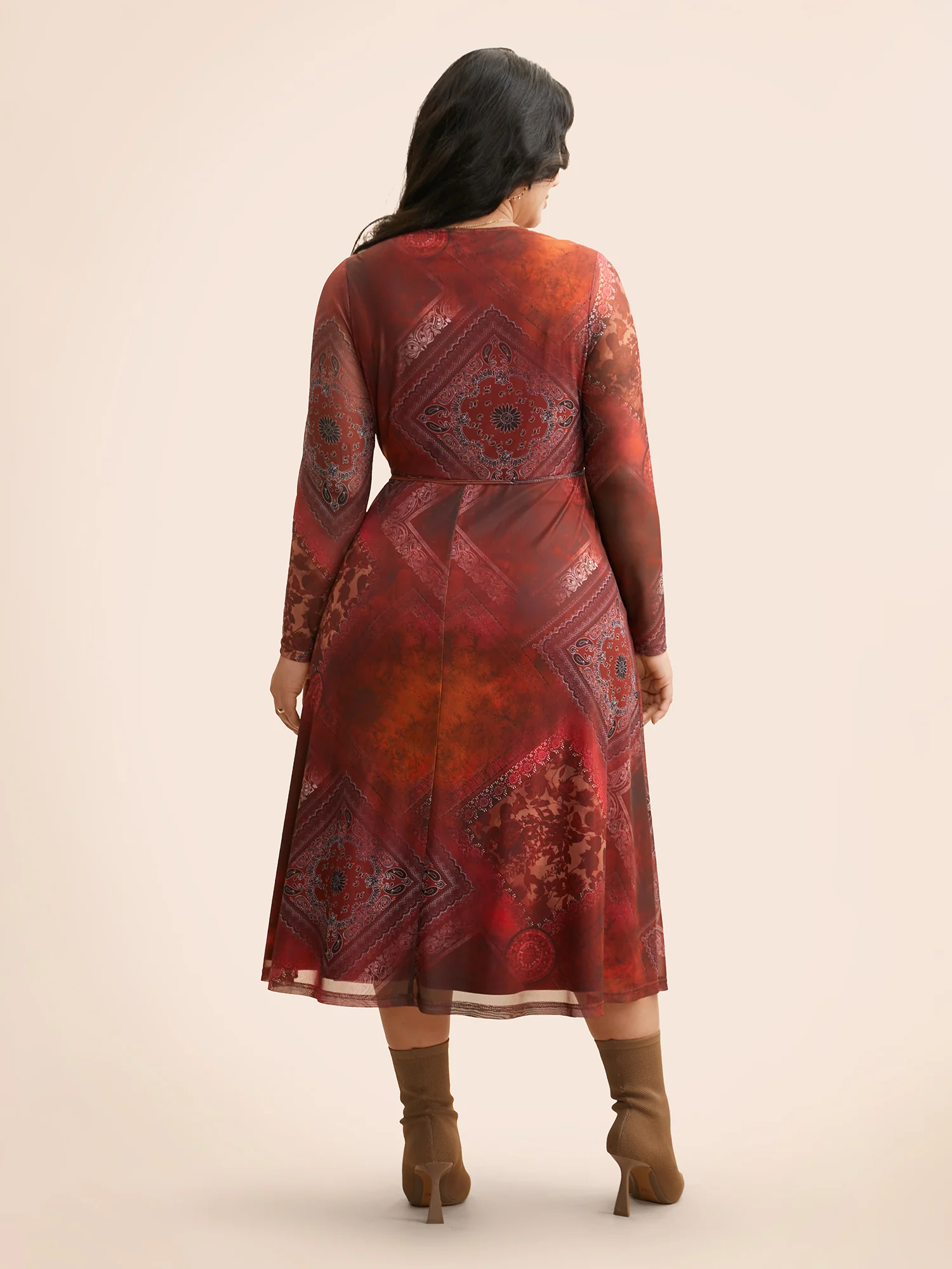 Boho Print Belted Mesh Midi Dress - Image 5