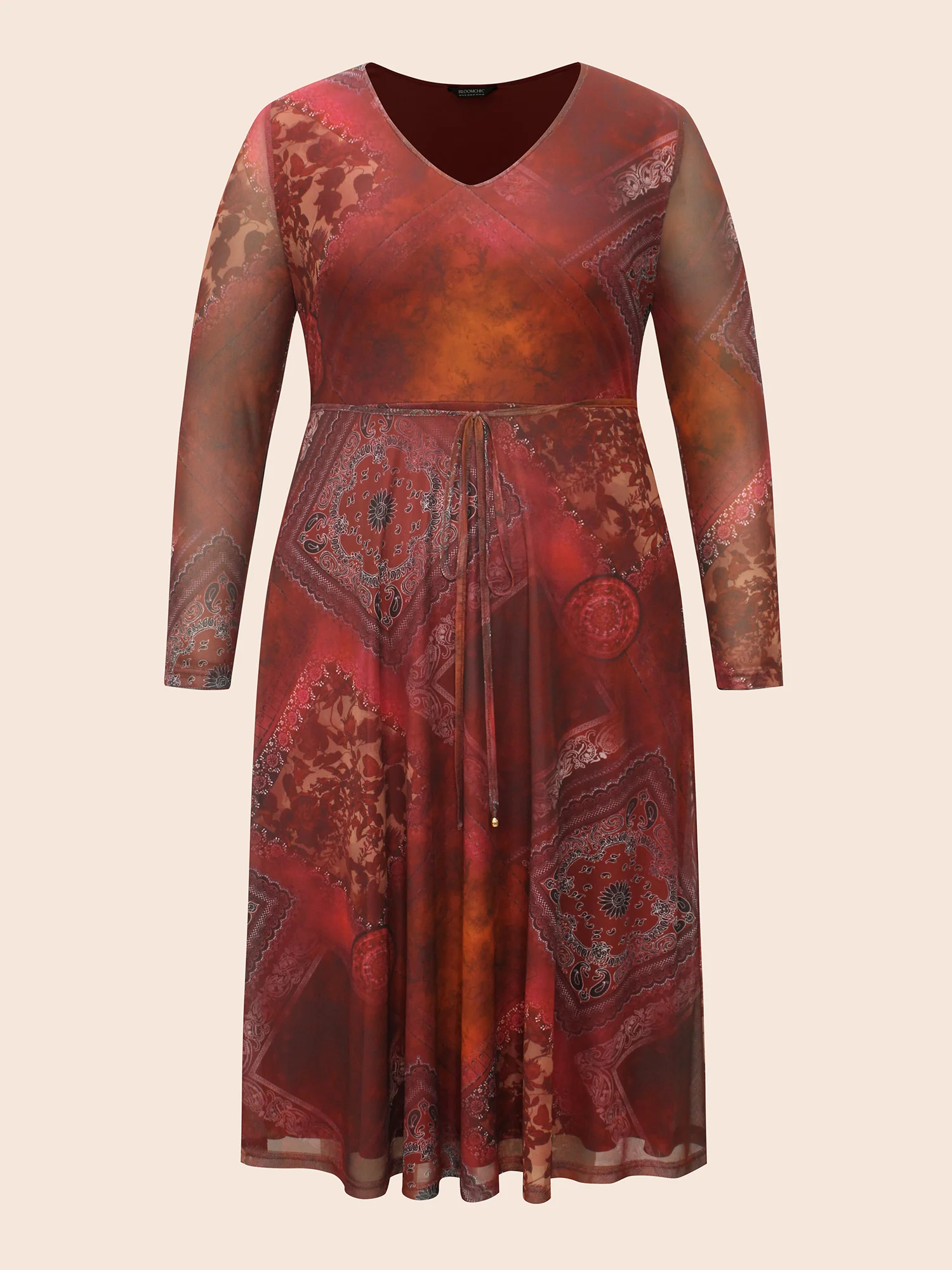 Boho Print Belted Mesh Midi Dress - Image 8