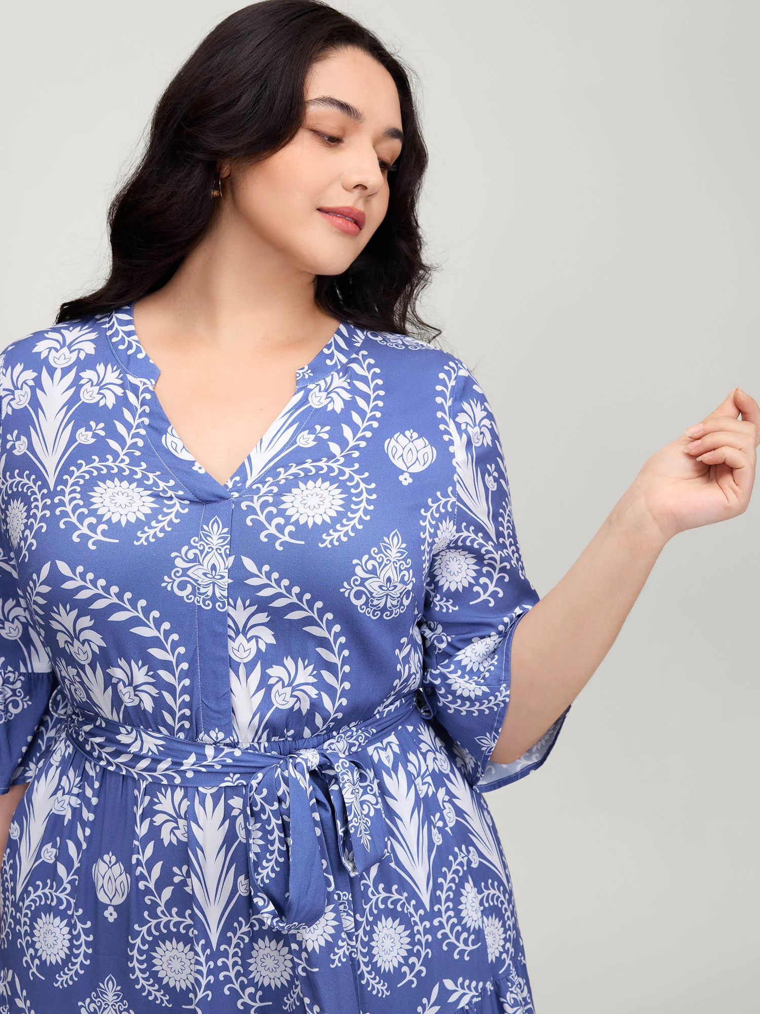 Boho Print Belted Side Pockets Midi Dress - Image 2