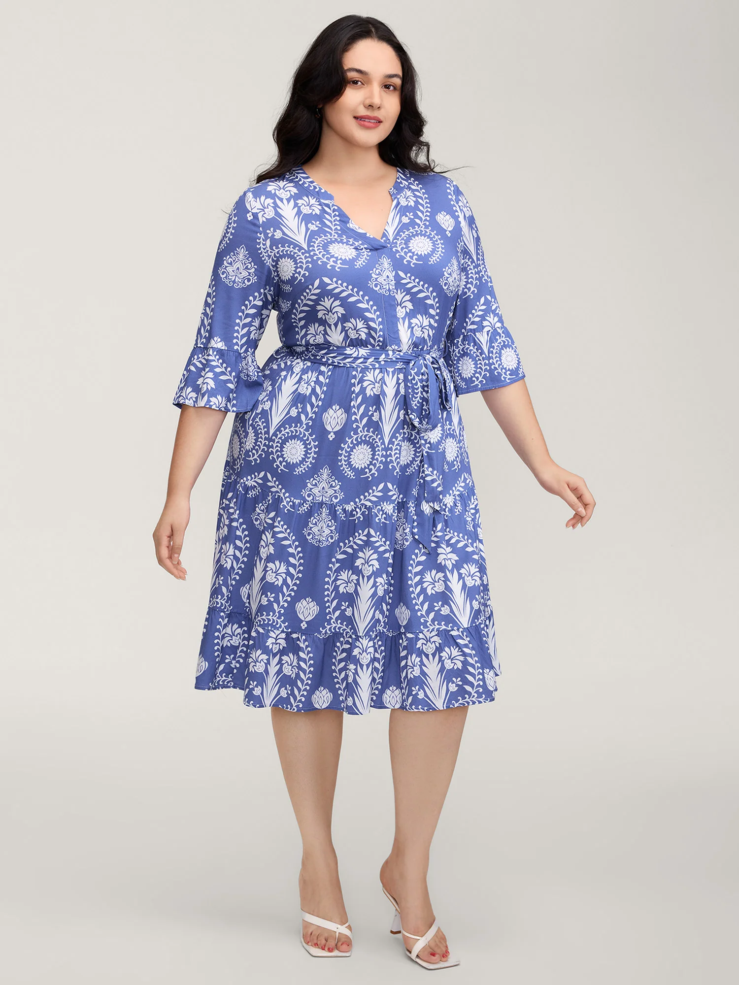 Boho Print Belted Side Pockets Midi Dress - Image 3
