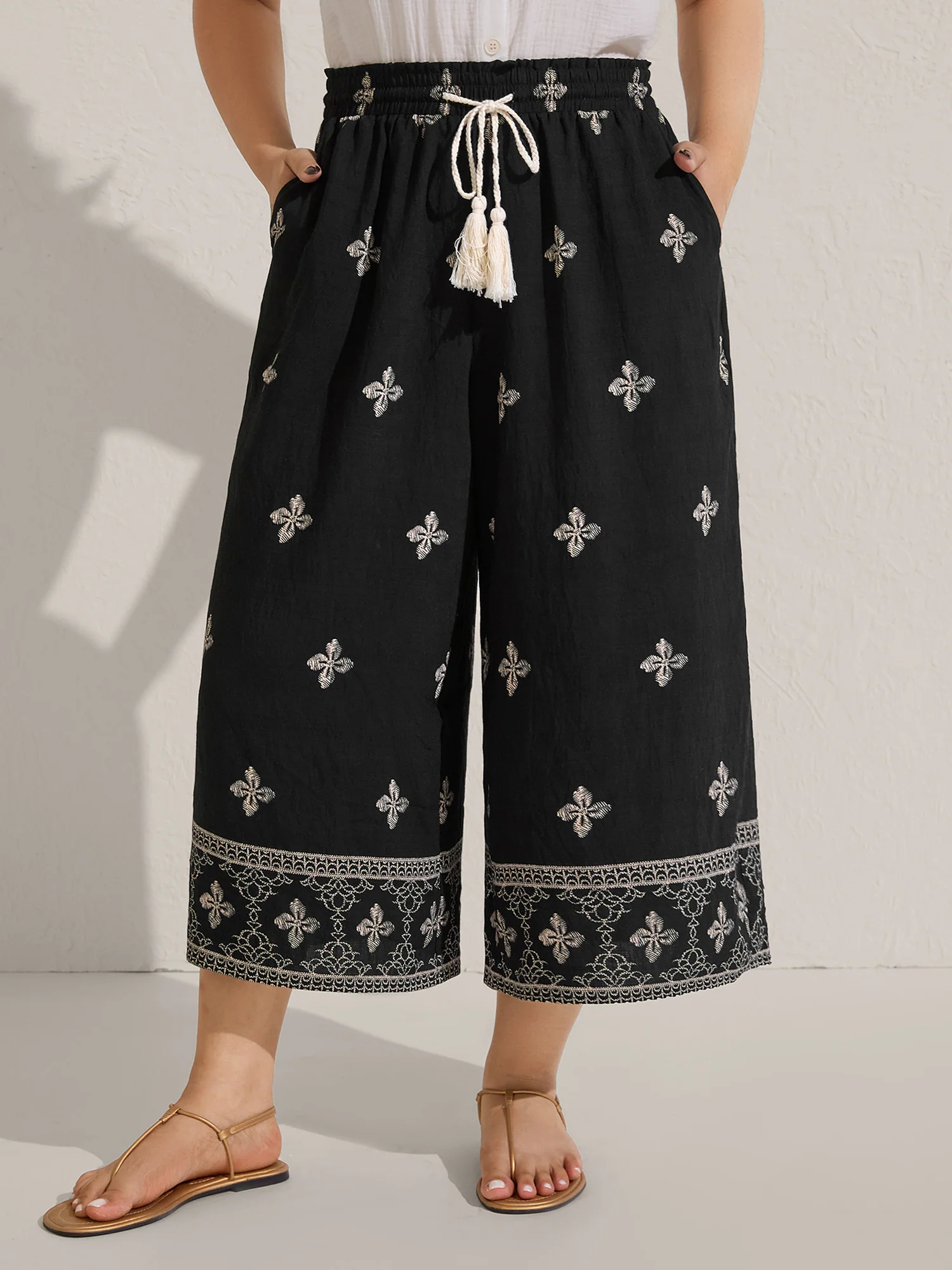 Boho Print Color Contrast Wide-Leg Pants - Image 2
