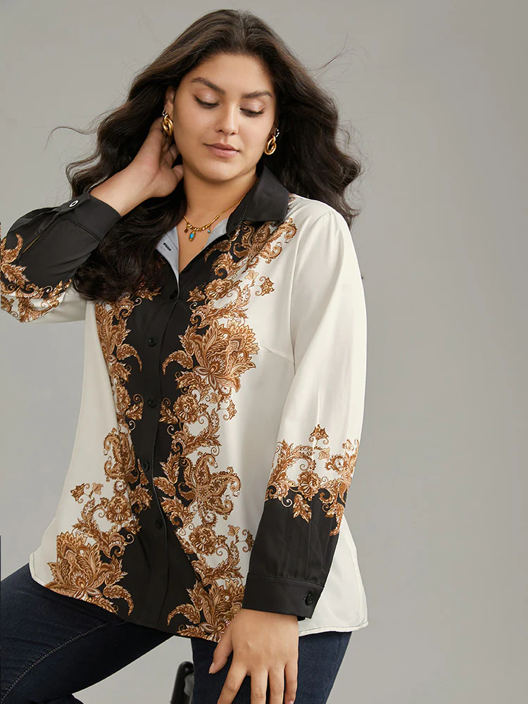Boho Print Contrast Shirt Collar Blouse - Image 2