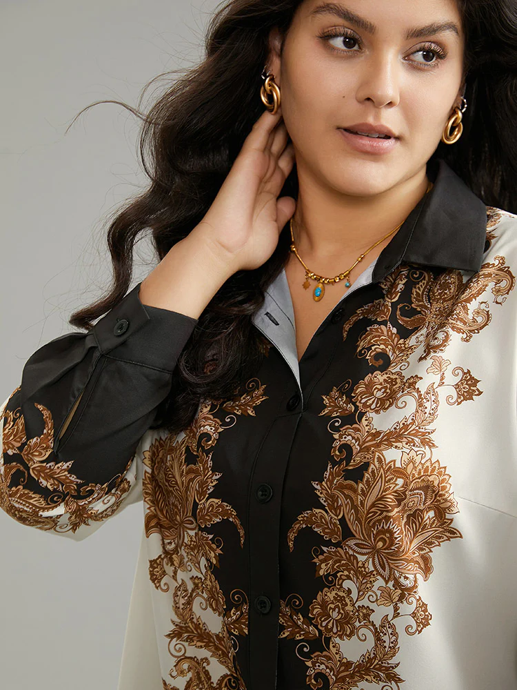Boho Print Contrast Shirt Collar Blouse - Image 4
