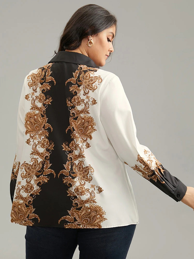 Boho Print Contrast Shirt Collar Blouse - Image 5